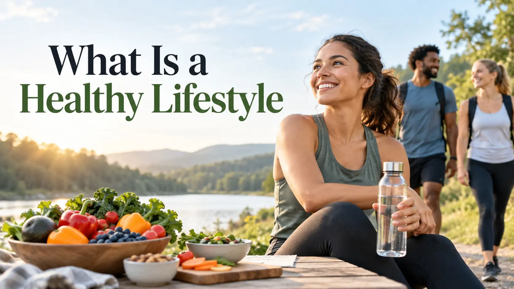 What is a healthy lifestyle showing balanced food, walking, strength training, sleep, hydration, and stress care