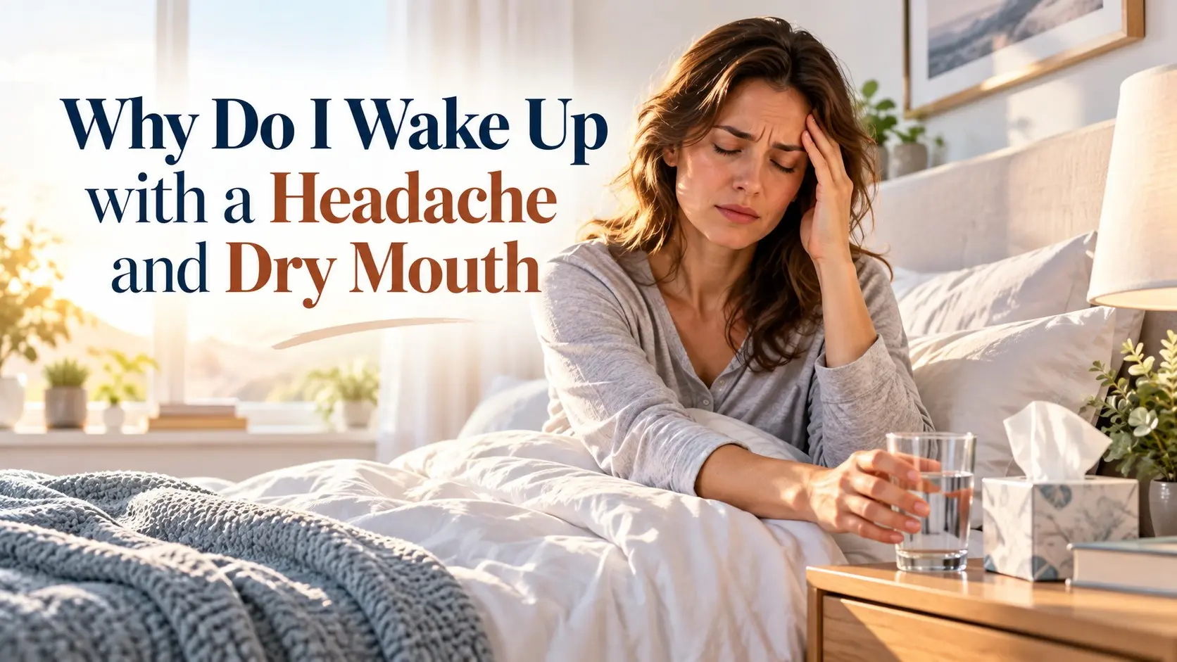 Why Do I Wake Up with a Headache and Dry Mouth, showing a woman waking with a headache and reaching for water beside her bed.