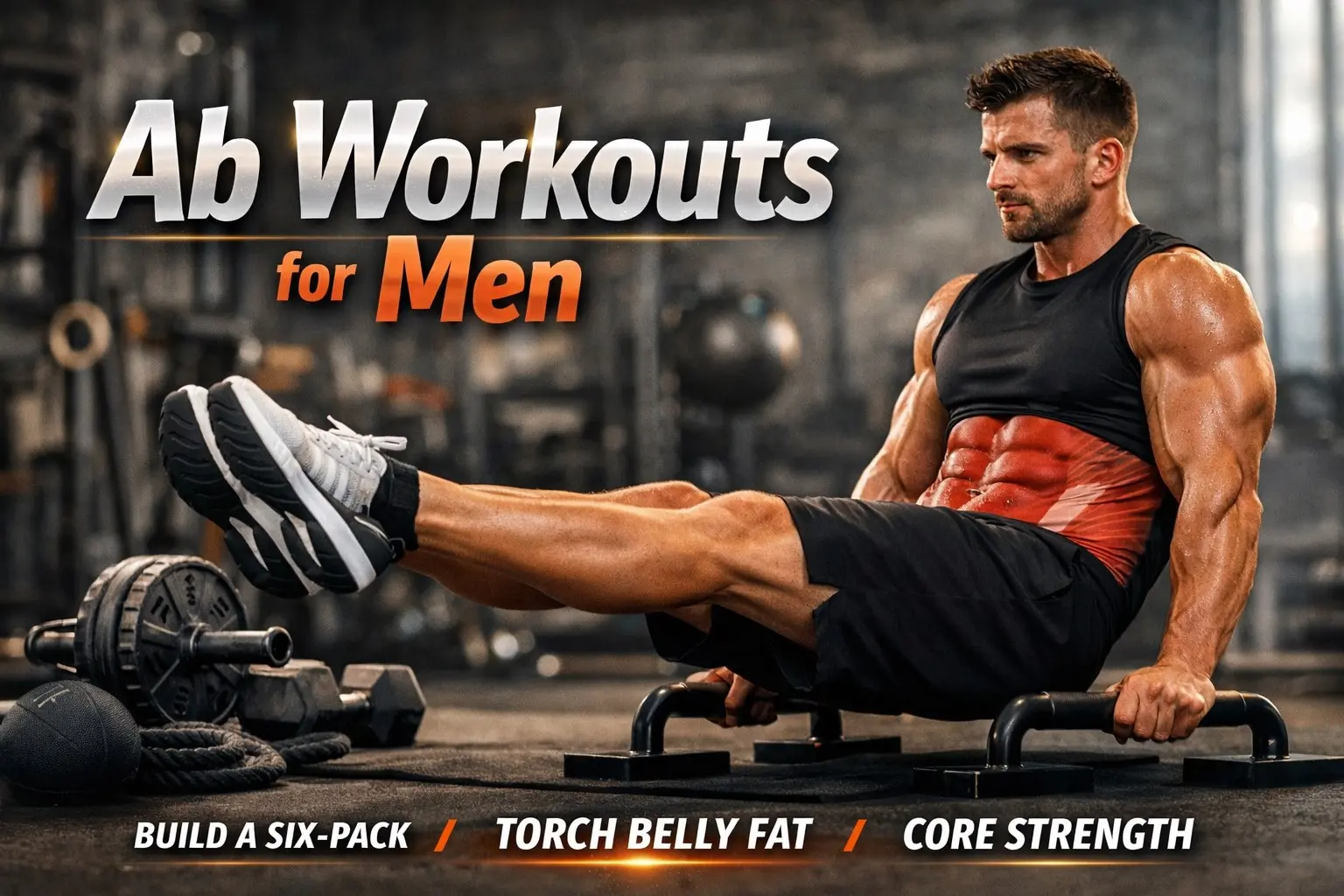 Photorealistic image of a muscular man performing an L‑sit on parallel bars in a gym, surrounded by ab‑training equipment, with the title ‘Ab Workouts for Men’ displayed above — illustrating advanced core strength and fitness training
