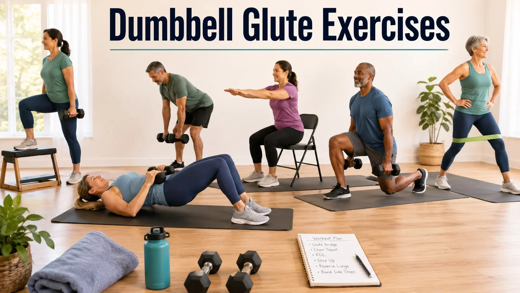 Dumbbell Glute Exercises guide with adults doing safe glute bridges, chair squats, Romanian deadlifts, step ups, lunges, and band side steps