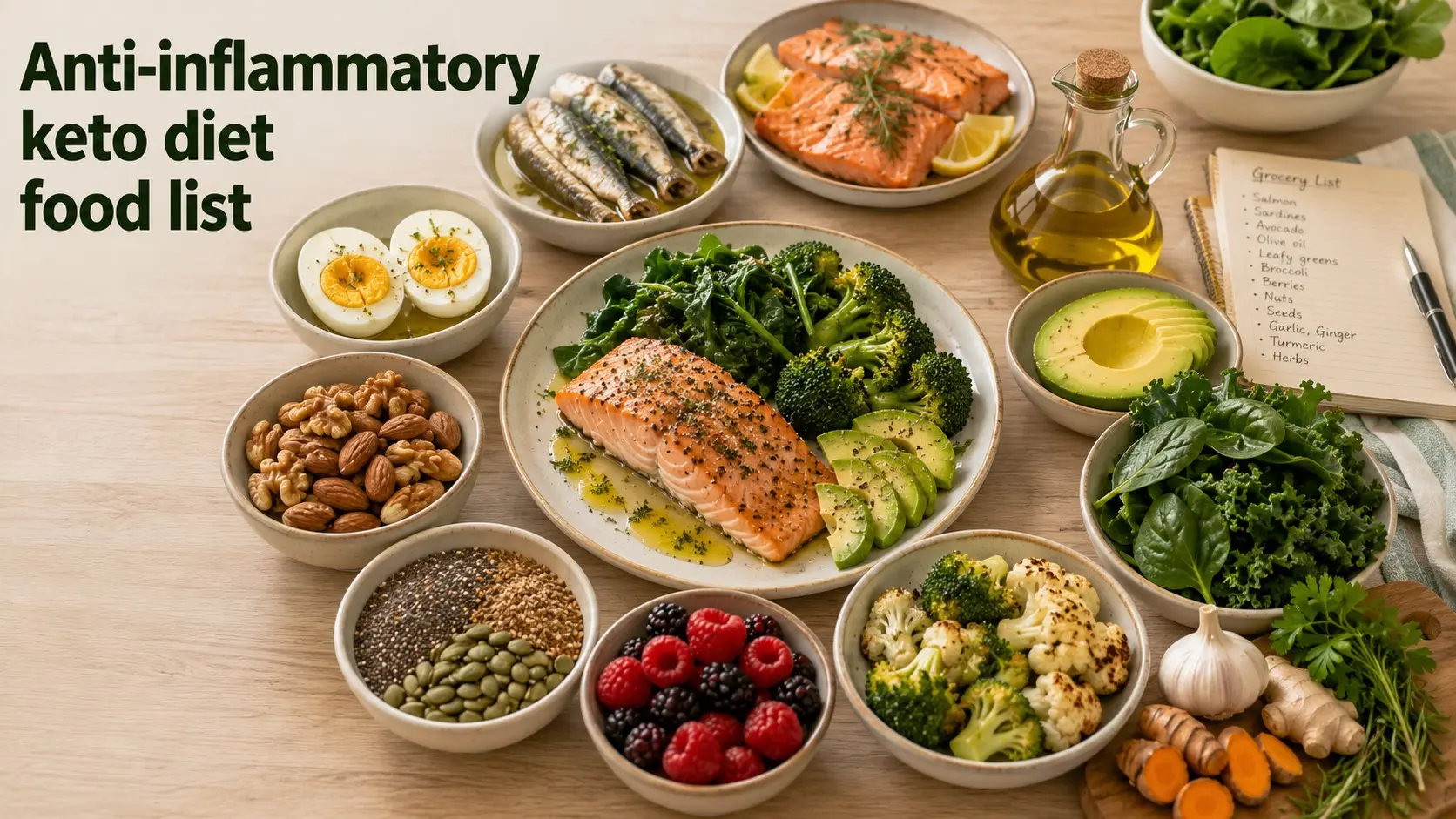 Anti-inflammatory keto diet food list with salmon, olive oil, avocado, greens, broccoli, berries, nuts, seeds, eggs, garlic, and turmeric.