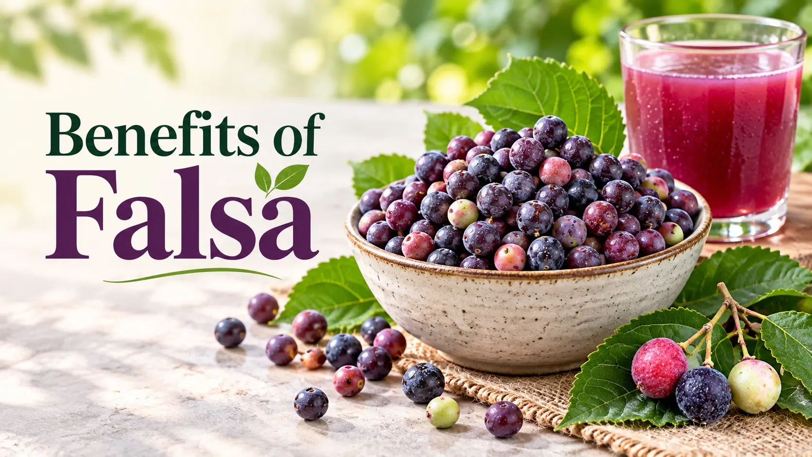 Benefits of Falsa with fresh purple phalsa fruit, Grewia asiatica leaves, and an unsweetened falsa drink in a summer setting.