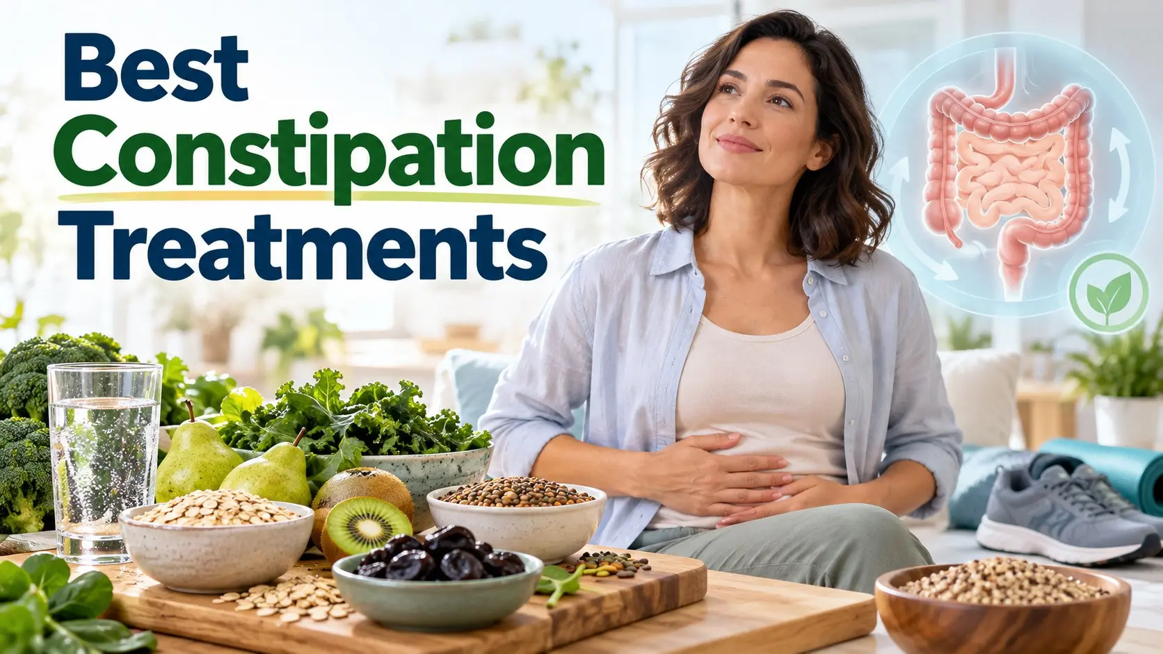 Best Constipation Treatments showing fiber foods, water, walking, toilet routine, and evidence based constipation medicines