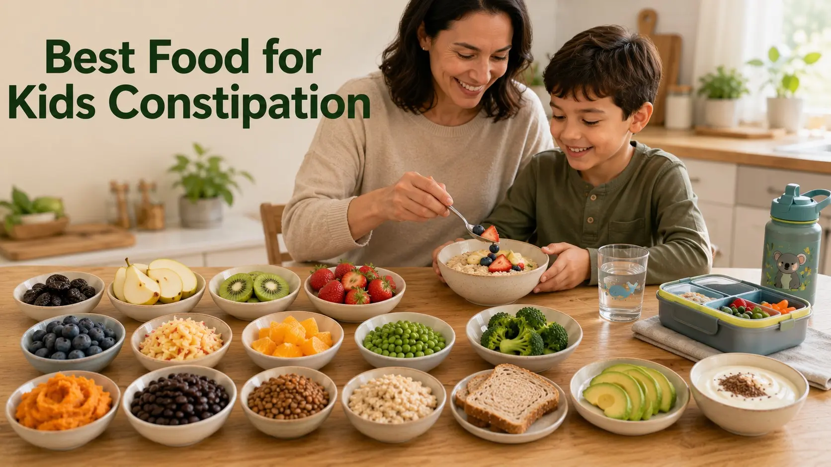 Best Food for Kids Constipation with prunes, pears, kiwi, berries, oats, beans, vegetables, whole grains, water, and a child friendly meal.