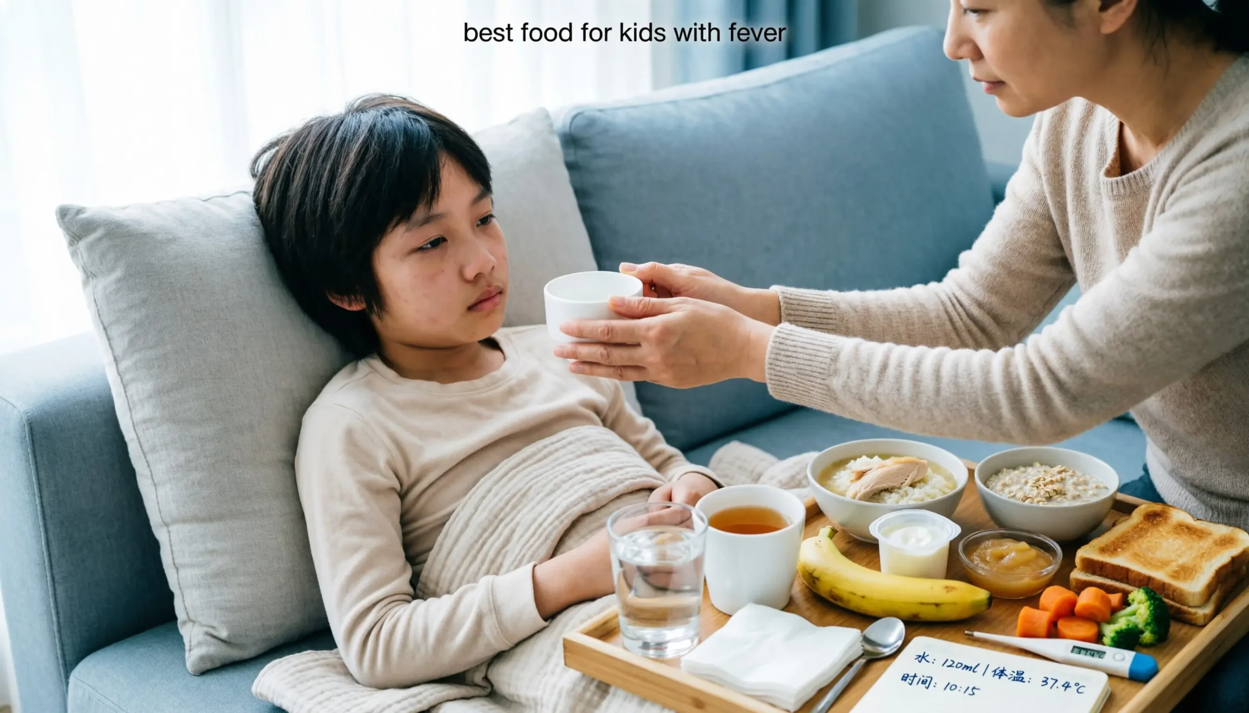 best food for kids with fever- Parent offering water and comforting foods such as soup, oatmeal, banana, yogurt, and toast to a child resting with a fever.