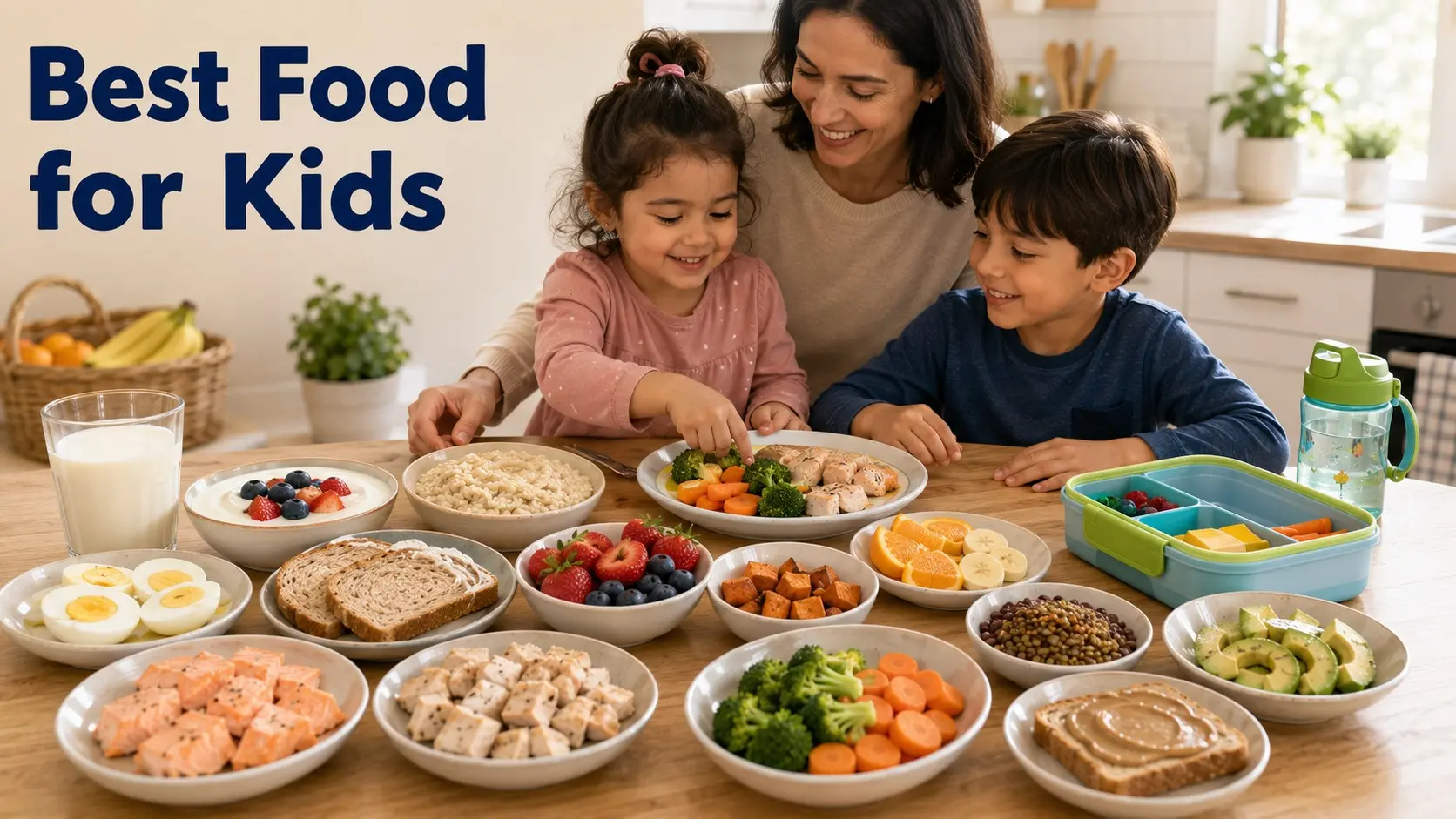 Best Food for Kids with eggs, yogurt, oats, fruit, vegetables, beans, salmon, chicken, tofu, avocado, whole grains, and safe nut butter