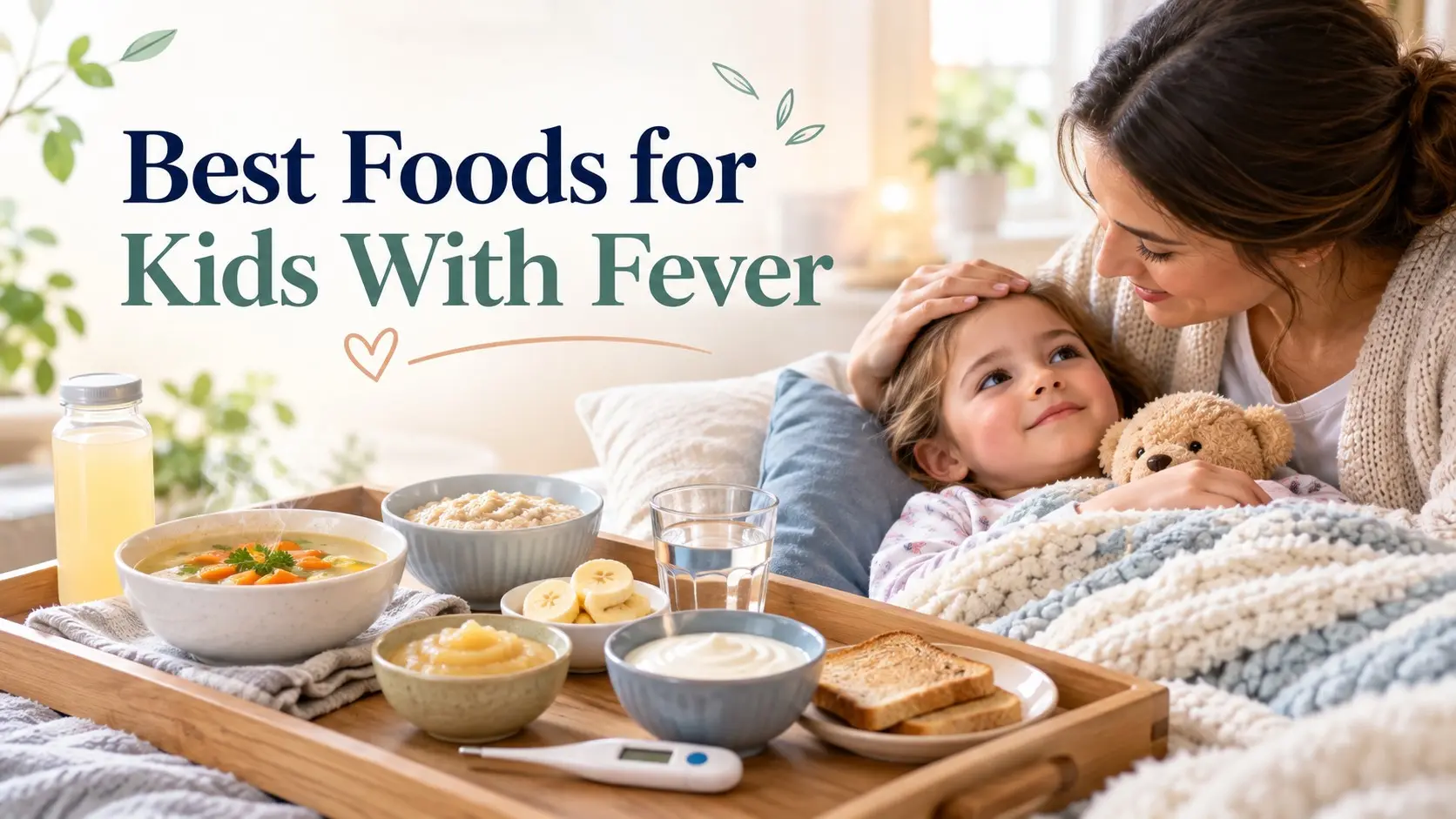 Best Foods for Kids With Fever with soup, oatmeal, banana, yogurt, water, oral rehydration drink, and a resting child