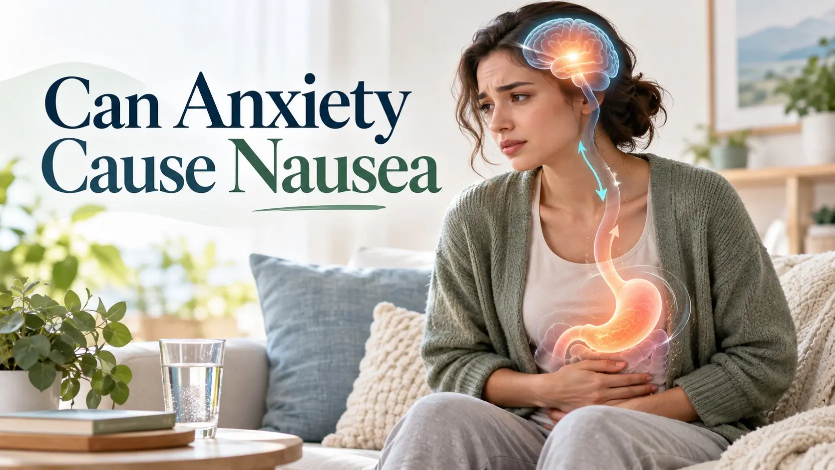 Can Anxiety Cause Nausea showing an anxious adult holding their stomach with a brain gut connection graphic and calming relief steps