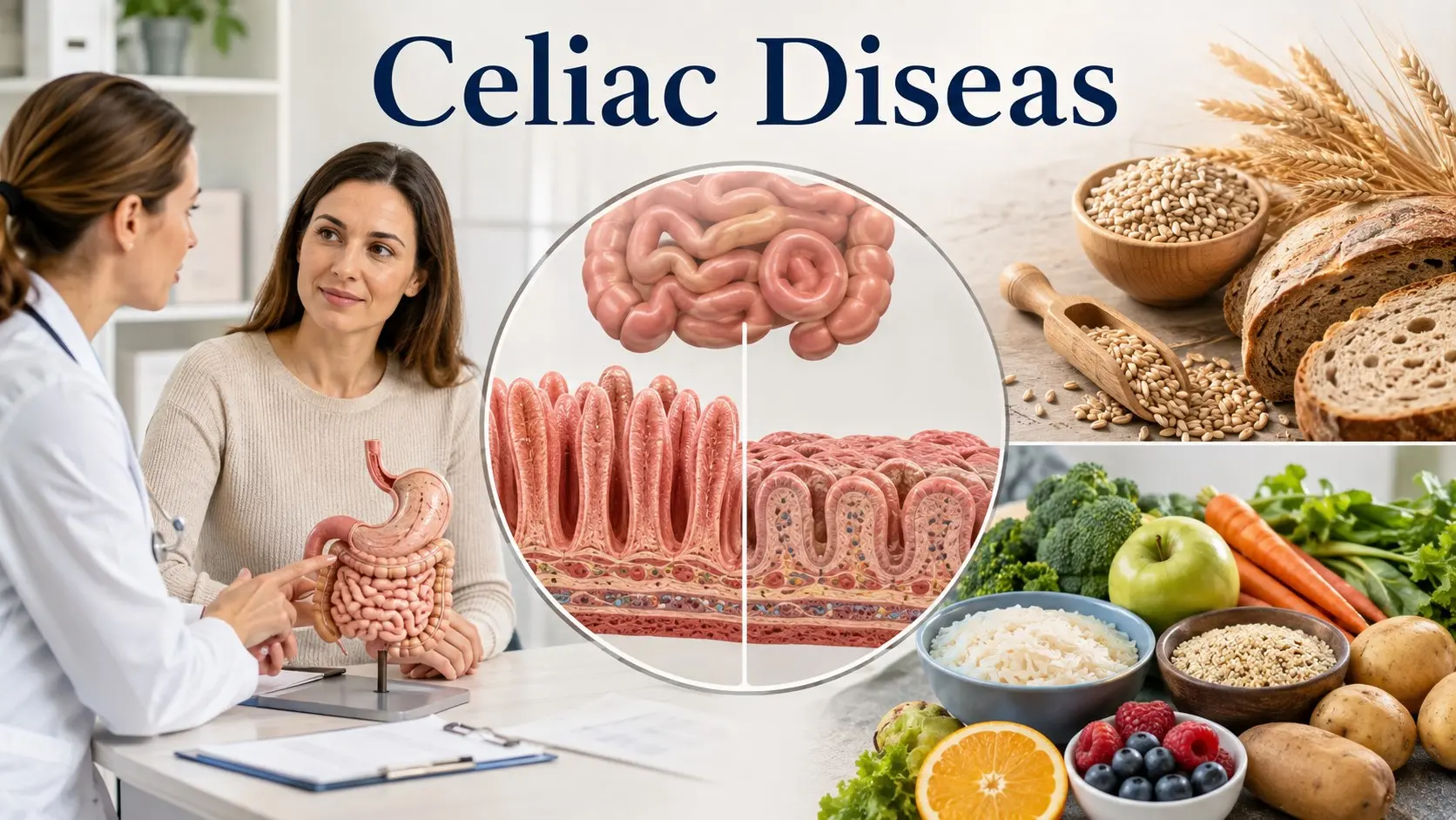 Celiac Disease shown with a small intestine illustration, gluten containing grains, gluten free foods, and medical testing guidance