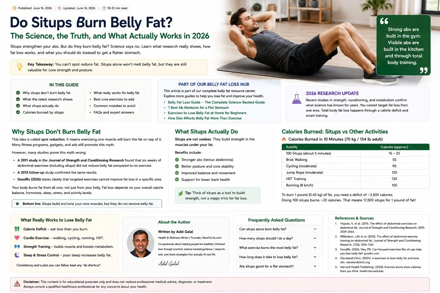 do situps burn belly fat - Adult doing a controlled situp while a fitness professional shows dead bugs, bird dogs, bridges, walking, and strength training for belly fat loss