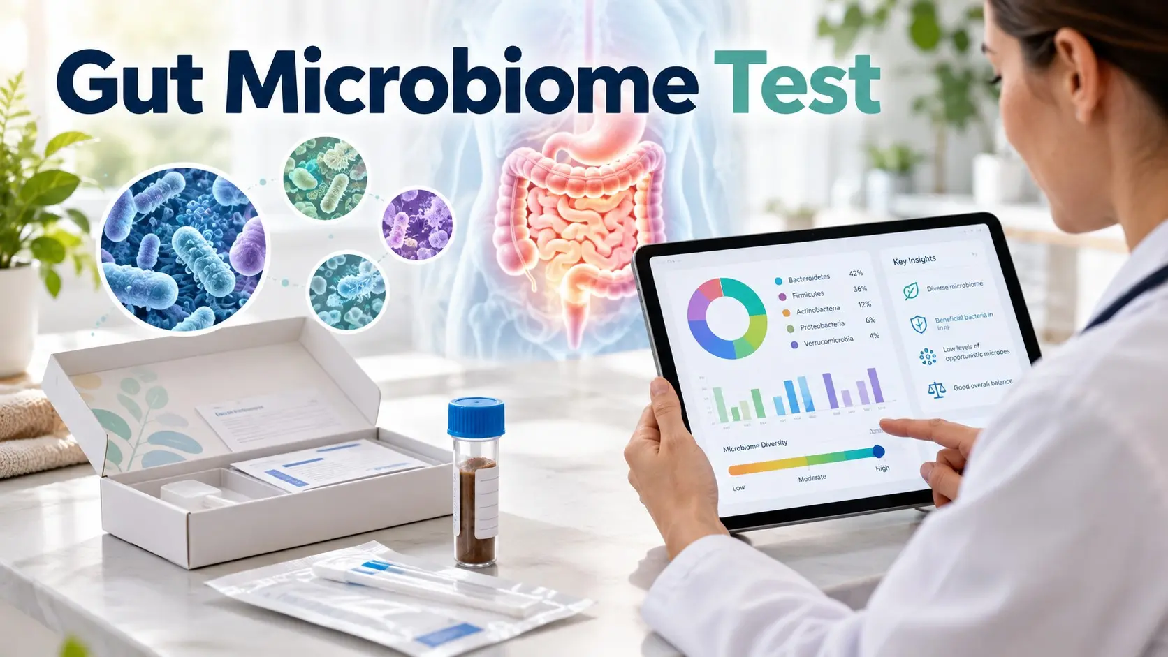 Gut Microbiome Test showing a stool collection kit, microbiome sequencing report, gut bacteria graphic, and doctor reviewing digestive health results
