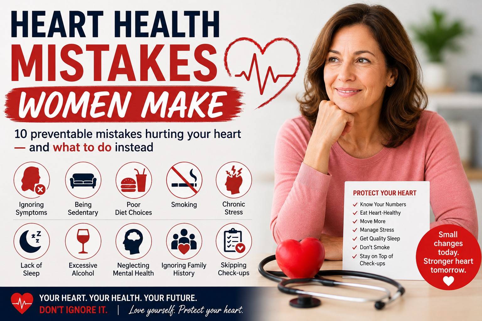eart health mistakes women make - Adult woman reviews blood pressure, cholesterol, pregnancy history, sleep, smoking, and heart attack warning signs with a healthcare professional