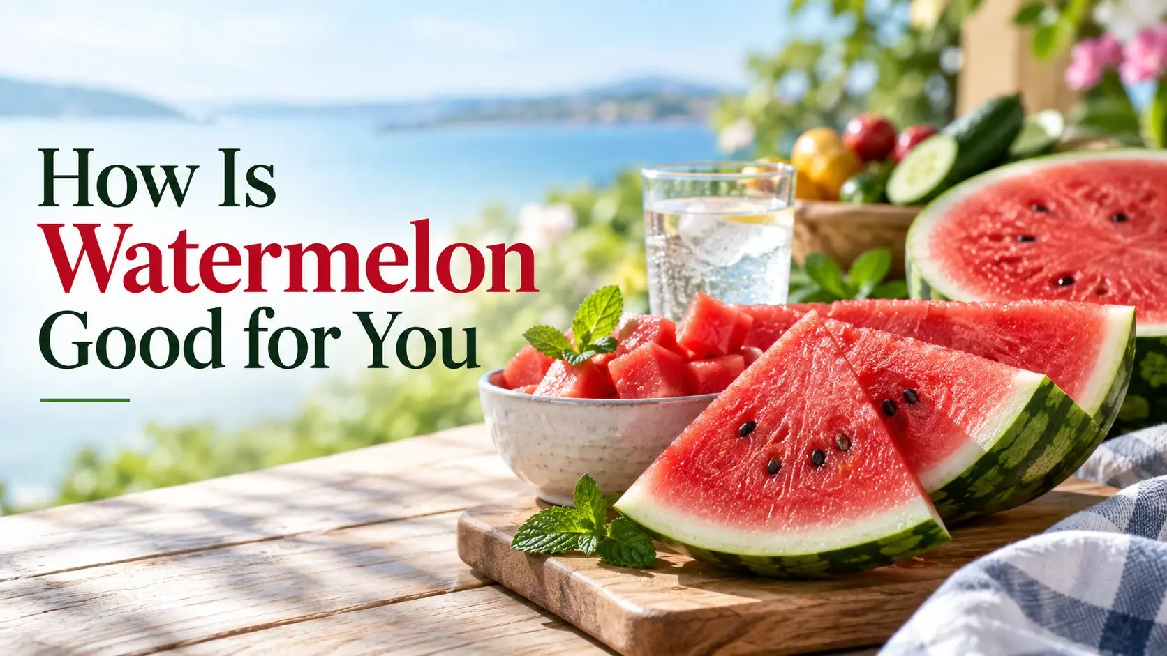 How Is Watermelon Good for You with fresh watermelon slices, watermelon cubes, mint, water, and colorful fruit in a healthy summer setting.
