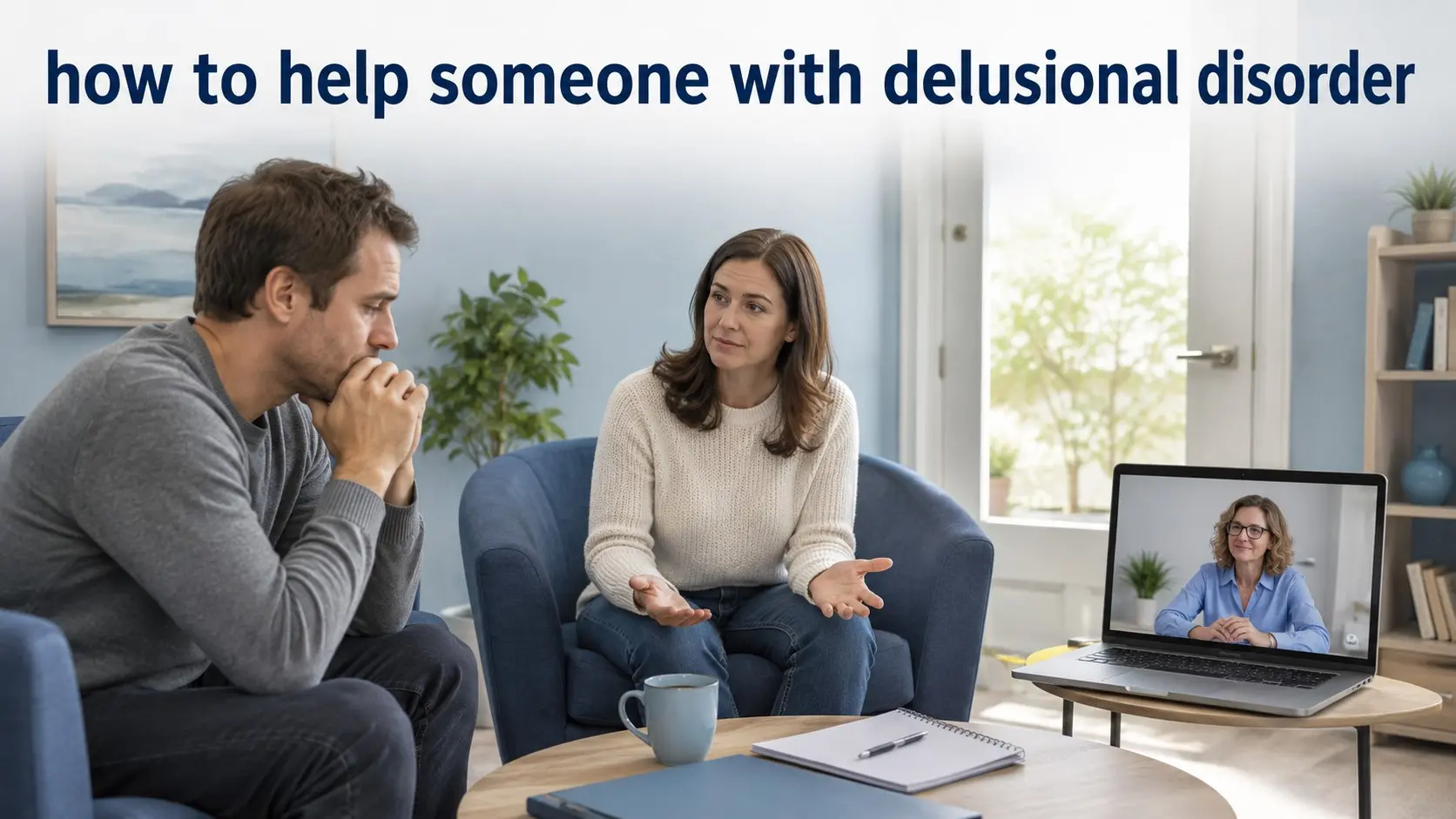 how to help someone with delusional disorder- Supportive relative calmly listening to an adult with possible delusional beliefs while a mental-health professional offers guidance.