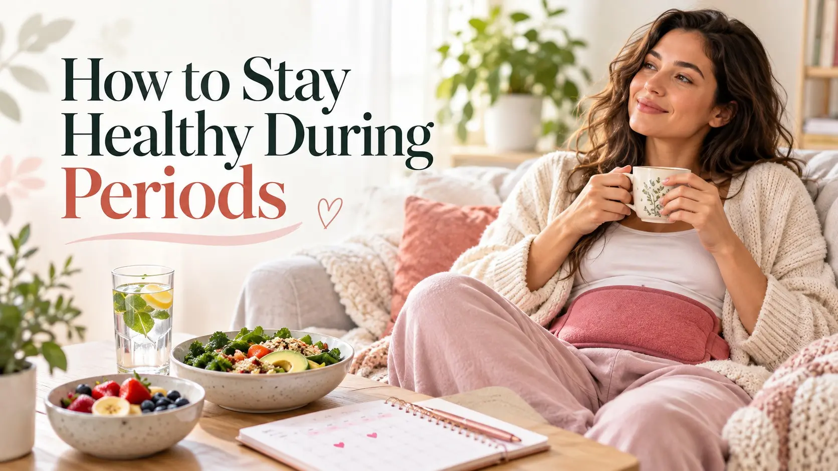 How to Stay Healthy During Periods with hydration, healthy food, heat therapy, rest, exercise, and menstrual care