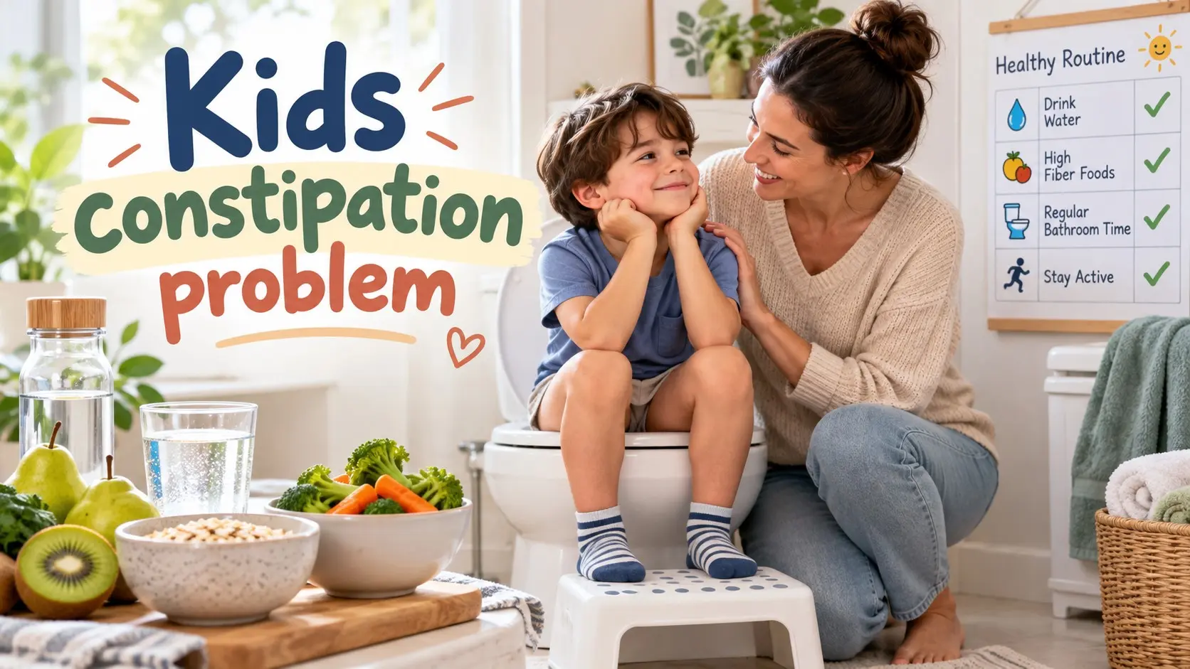 Kids constipation problem with a child using a footstool, drinking water, eating fiber rich foods, and following a calm toilet routine