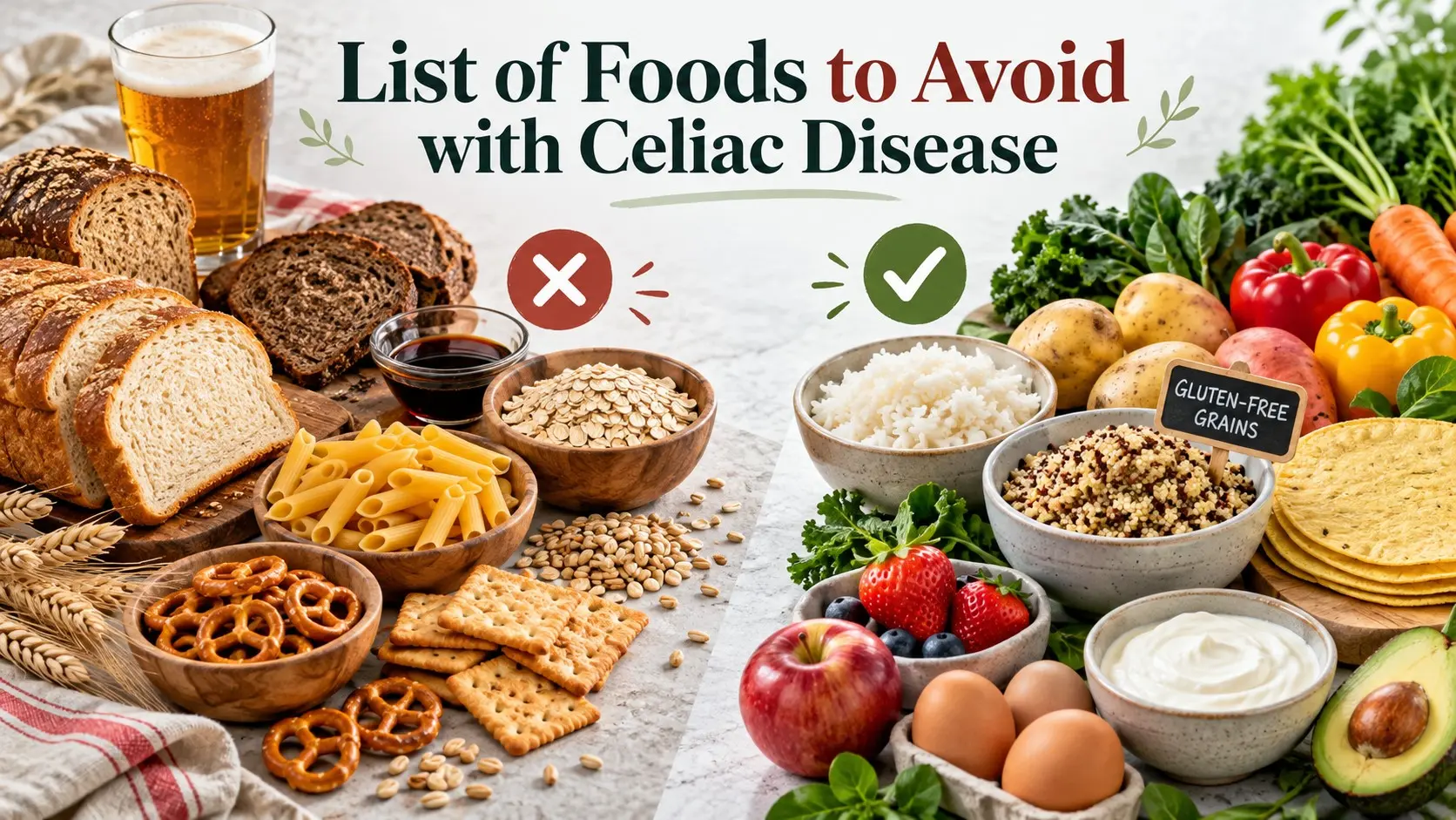 List of Foods to Avoid with Celiac Disease showing wheat, bread, pasta, malt, soy sauce, beer, oats, and safe gluten free swaps