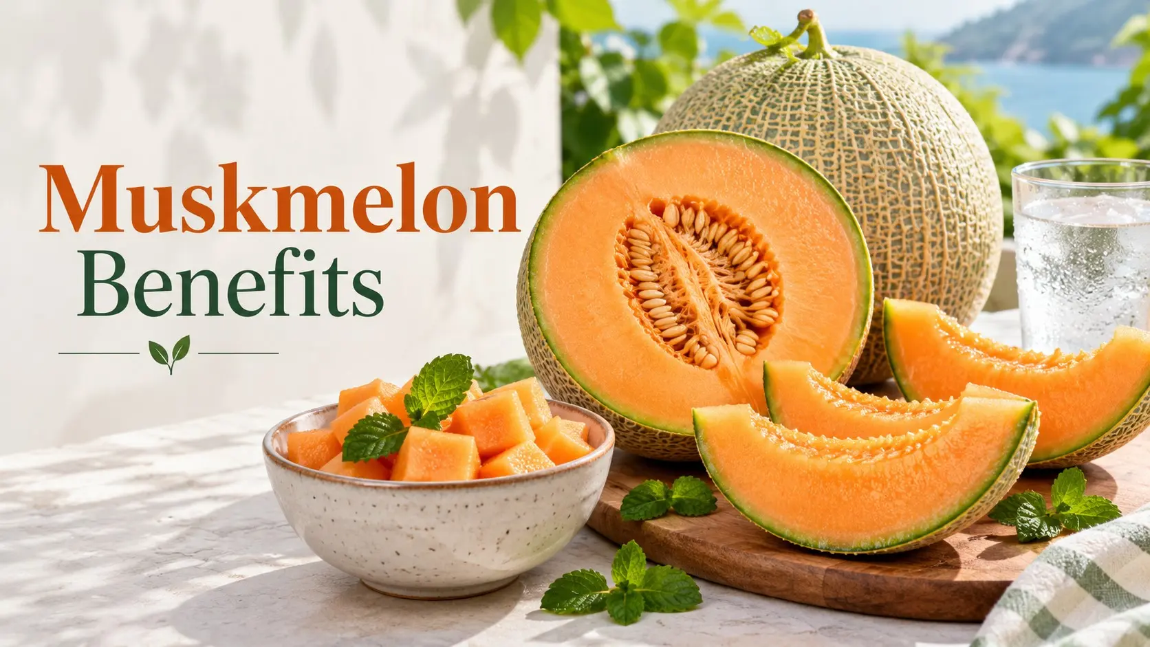 Muskmelon Benefits with fresh orange muskmelon slices, cantaloupe cubes, mint, yogurt, water, and other healthy fruit foods