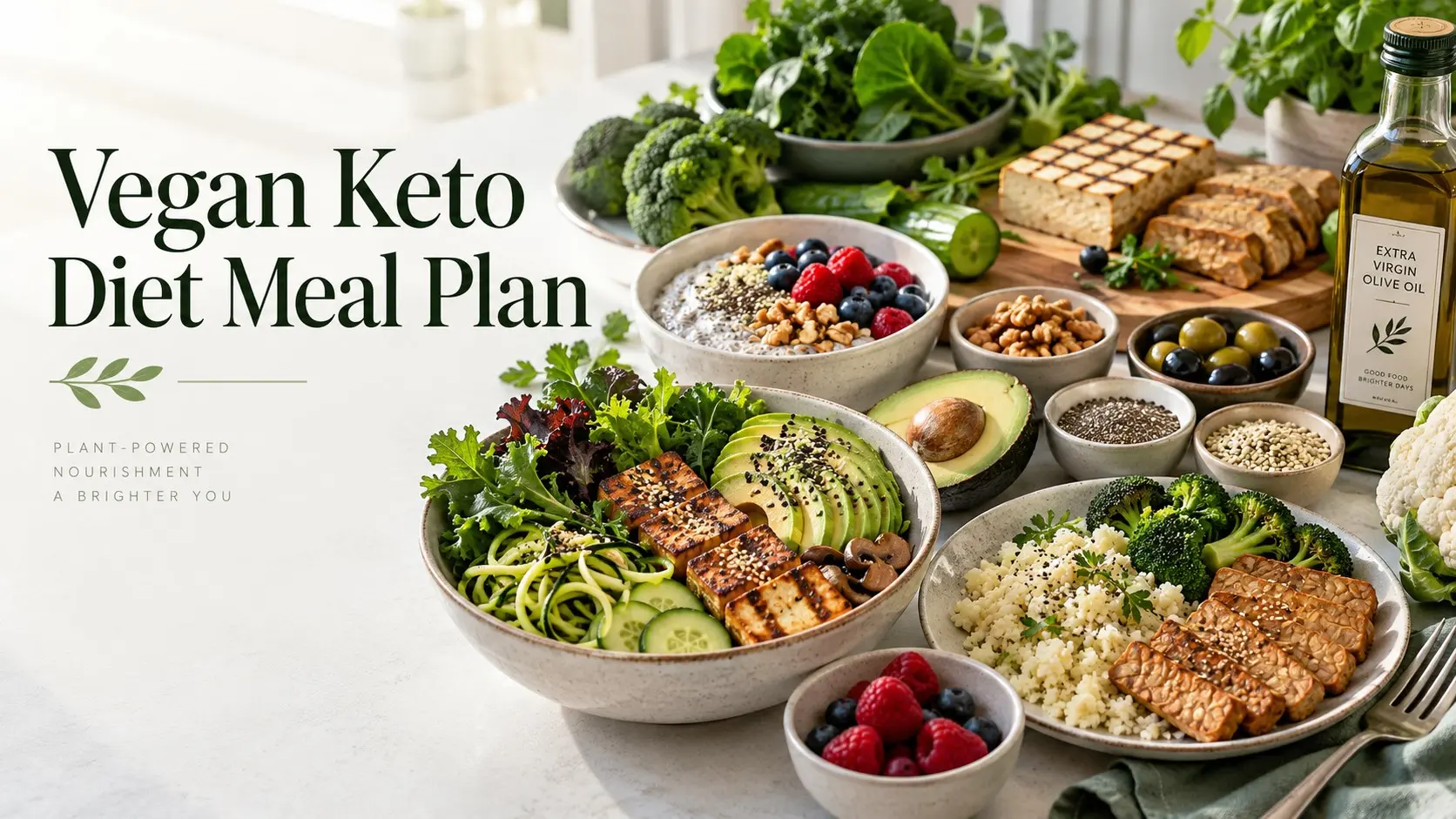 Vegan Keto Diet Meal Plan with tofu, tempeh, avocado, cauliflower rice, leafy greens, chia seeds, walnuts, berries, and olive oil
