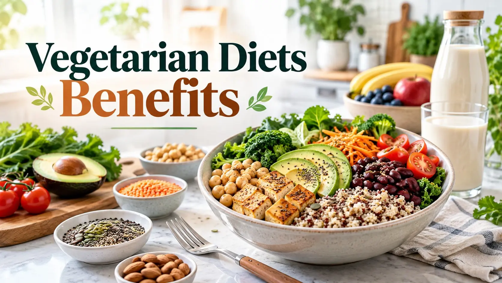 Vegetarian Diets Benefits shown with beans, lentils, tofu, vegetables, whole grains, nuts, fruit, and a balanced vegetarian meal
