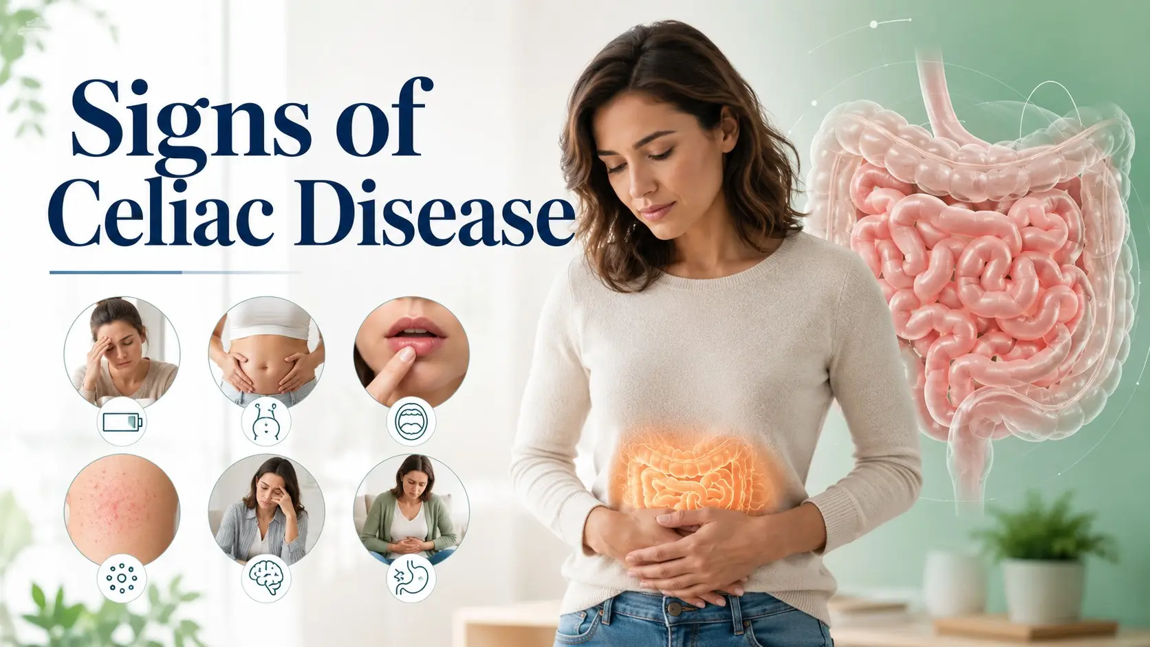 Signs of Celiac Disease including digestive symptoms, fatigue, anemia, skin rash, mouth ulcers, nerve symptoms and childhood growth changes.