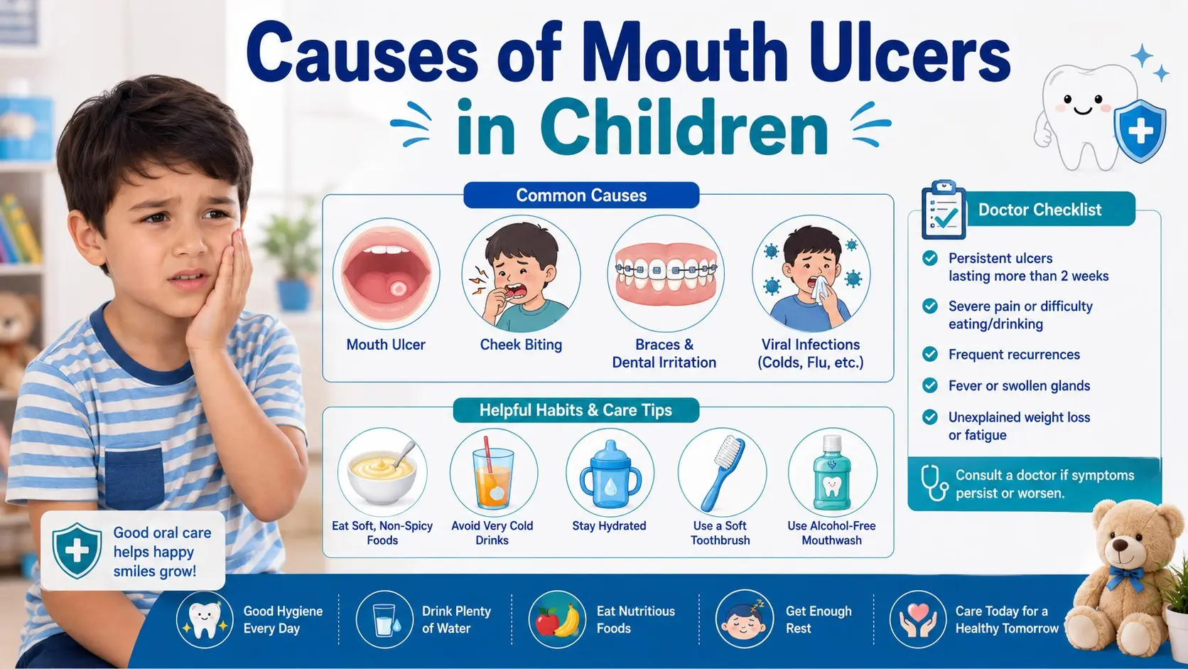 Causes of Mouth Ulcers in Children guide with child mouth sore icon, cheek biting, braces, viral illness, soft foods, cold drinks, hydration, and doctor checklist icons.