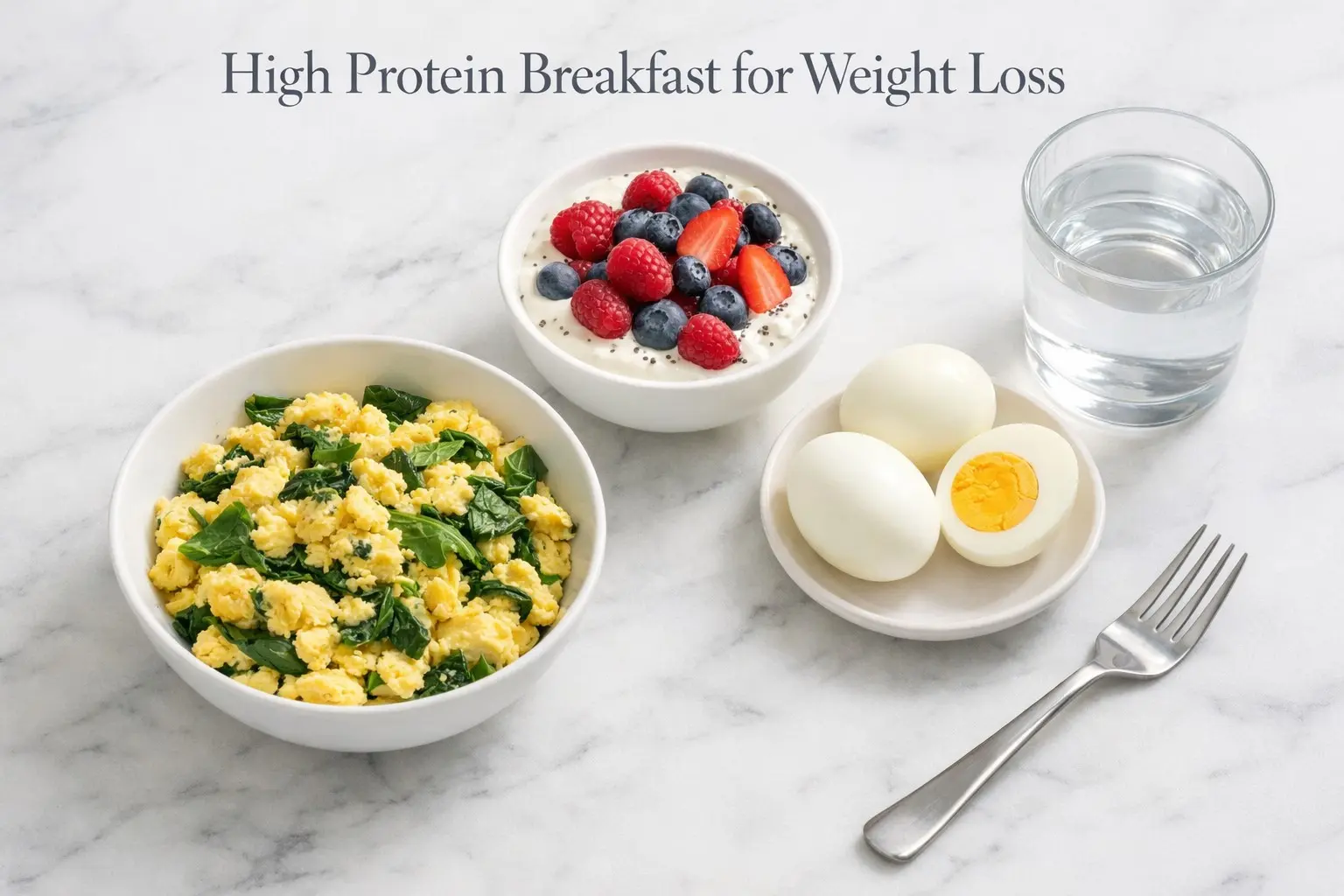 High protein breakfast for weight loss including scrambled eggs Greek yoghurt and berries on white marble