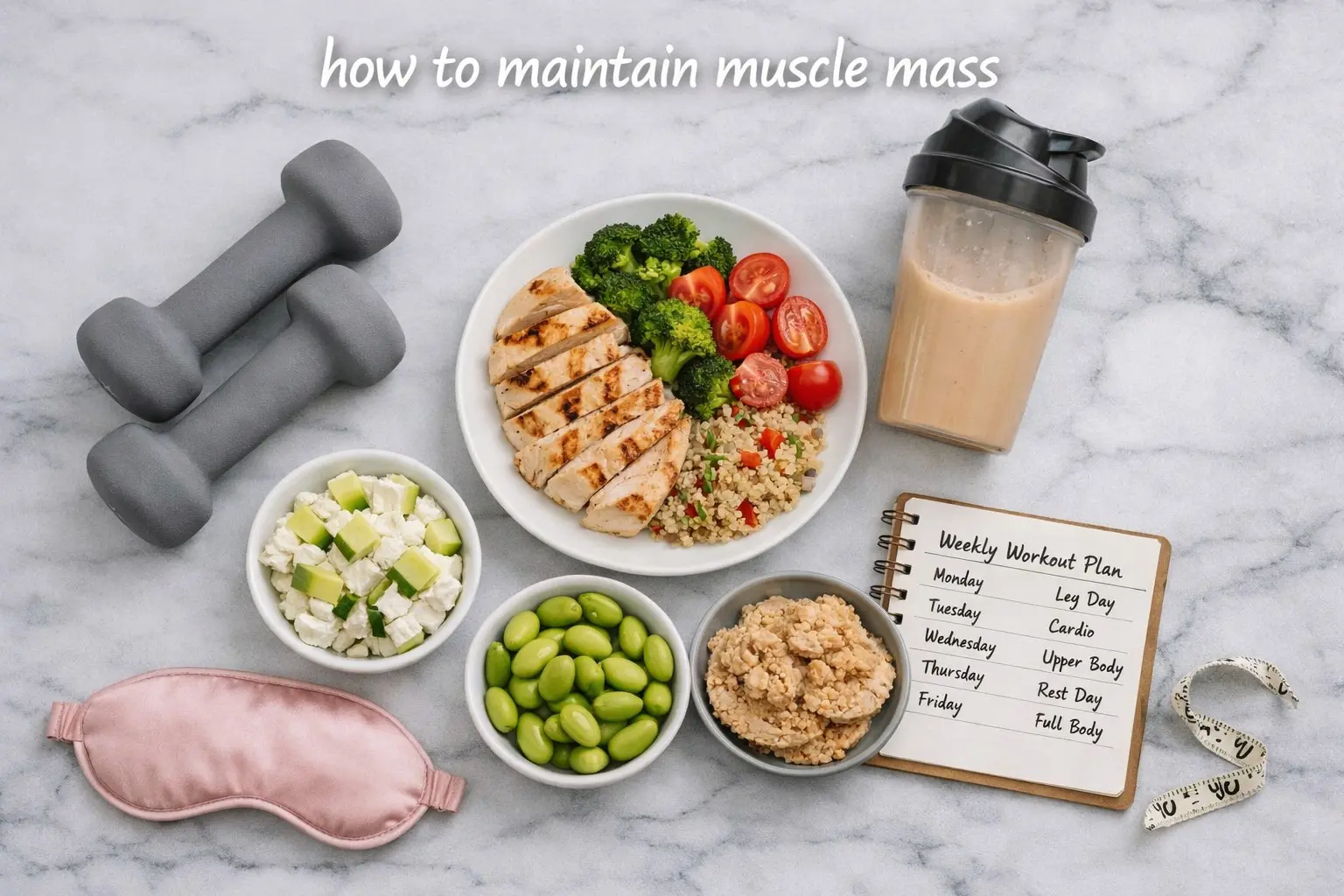Dumbbells protein meal and workout plan representing how to maintain muscle mass during weight loss