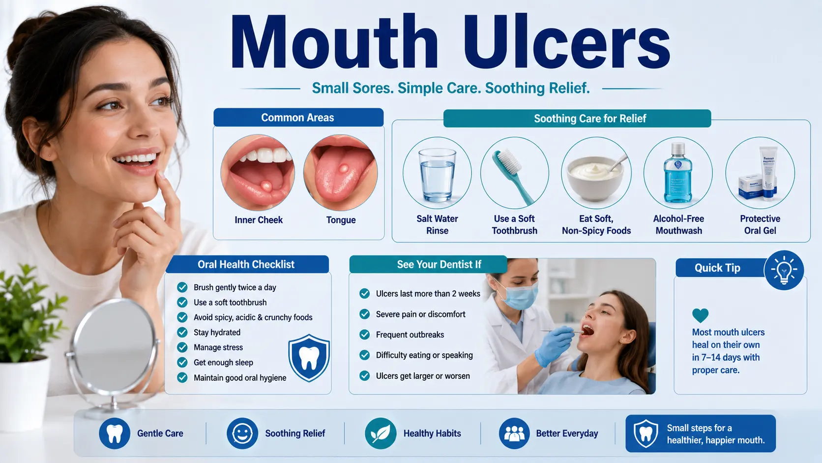 Mouth Ulcers guide with canker sore icon, inner cheek sore, tongue sore, salt water rinse, soft toothbrush, gentle foods, and dentist checklist icons.