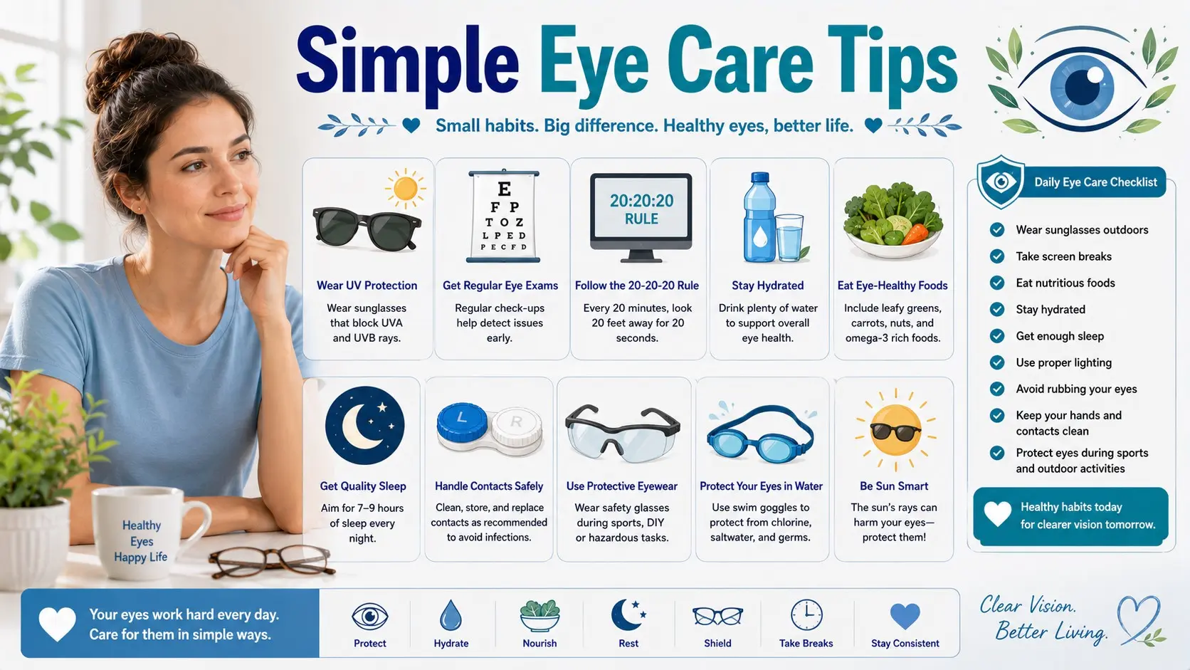 Simple Eye Care Tips guide with sunglasses, eye exam, screen breaks, healthy food, water, sleep, contact lens care, protective eyewear, and summer eye safety icons.
