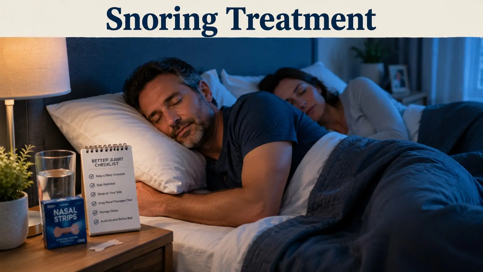 Snoring treatment guide with a couple sleeping peacefully and the keyword Snoring Treatment at the top of the image.