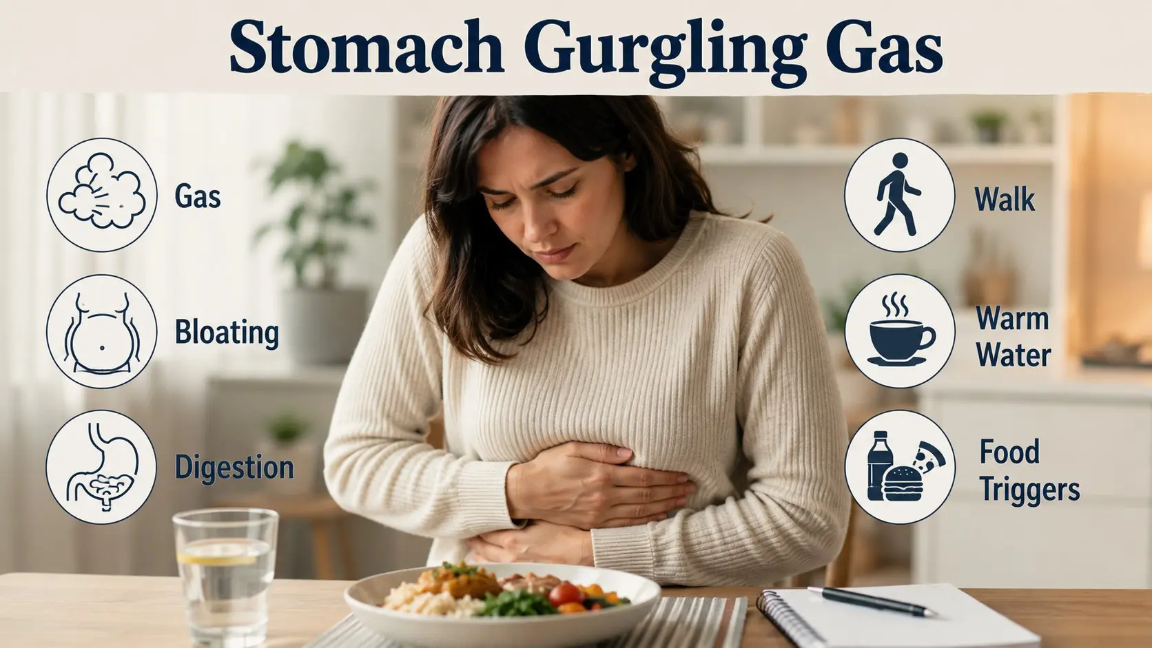 Stomach Gurgling Gas guide showing a person holding their belly with simple digestive health icons.