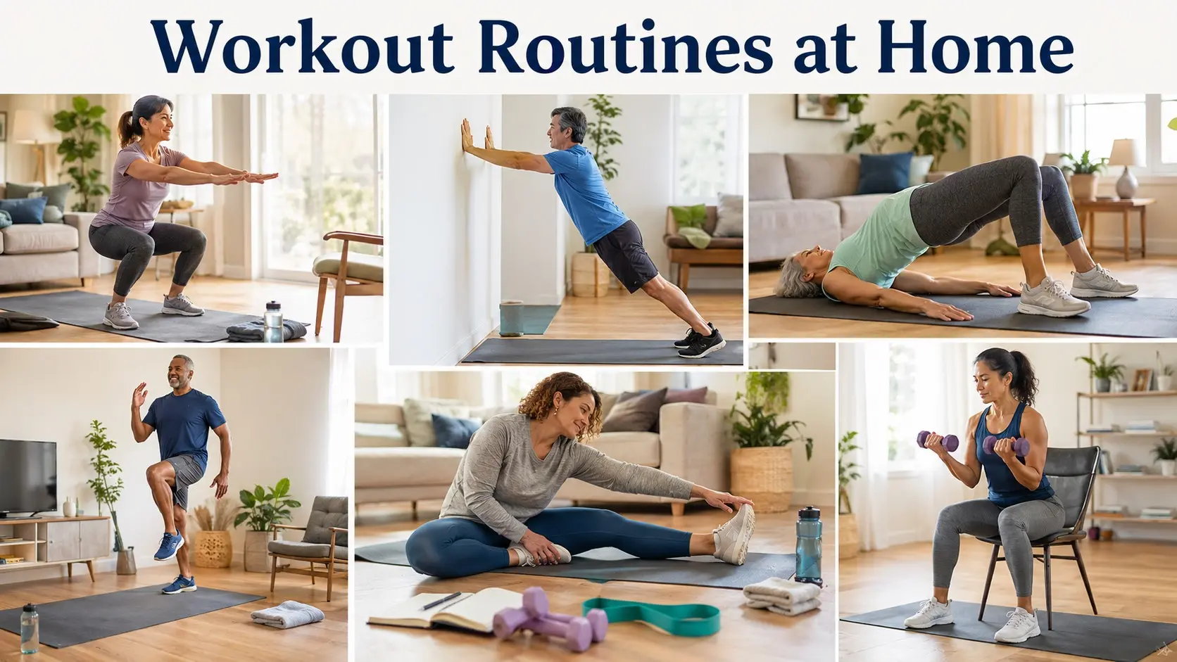 Workout Routines at Home guide with adults doing safe bodyweight exercises, stretching, light dumbbells, and resistance band training