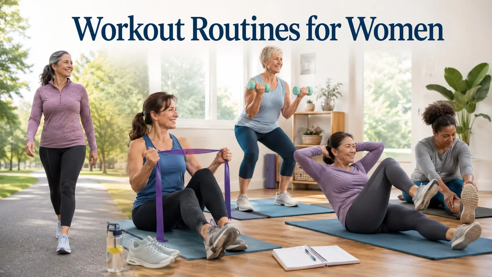 Workout Routines for Women guide with women doing safe strength training, walking, stretching, and beginner fitness exercises