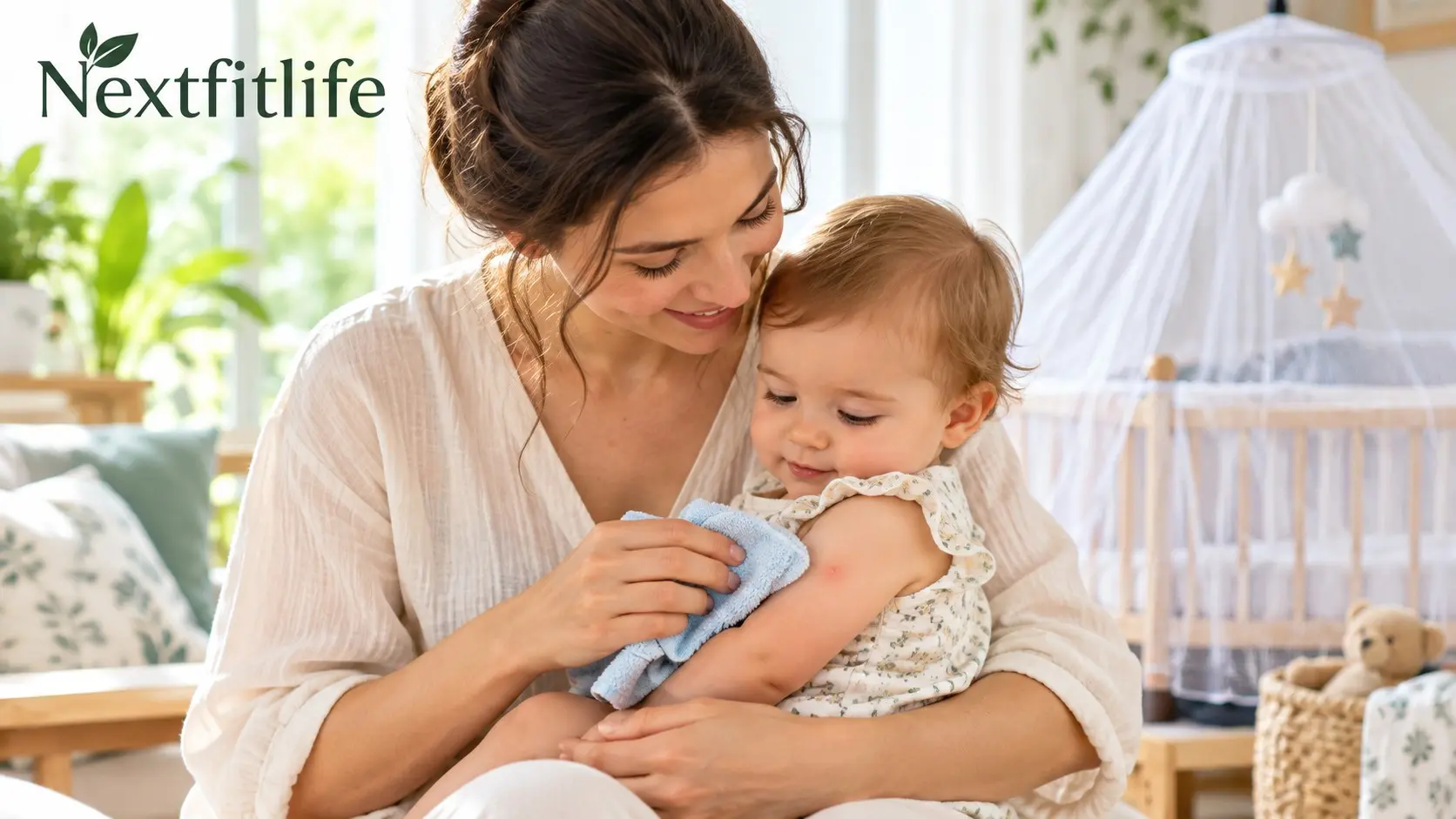 Baby mosquito bite remedy using a cold compress to soothe itching and swelling on a baby's skin