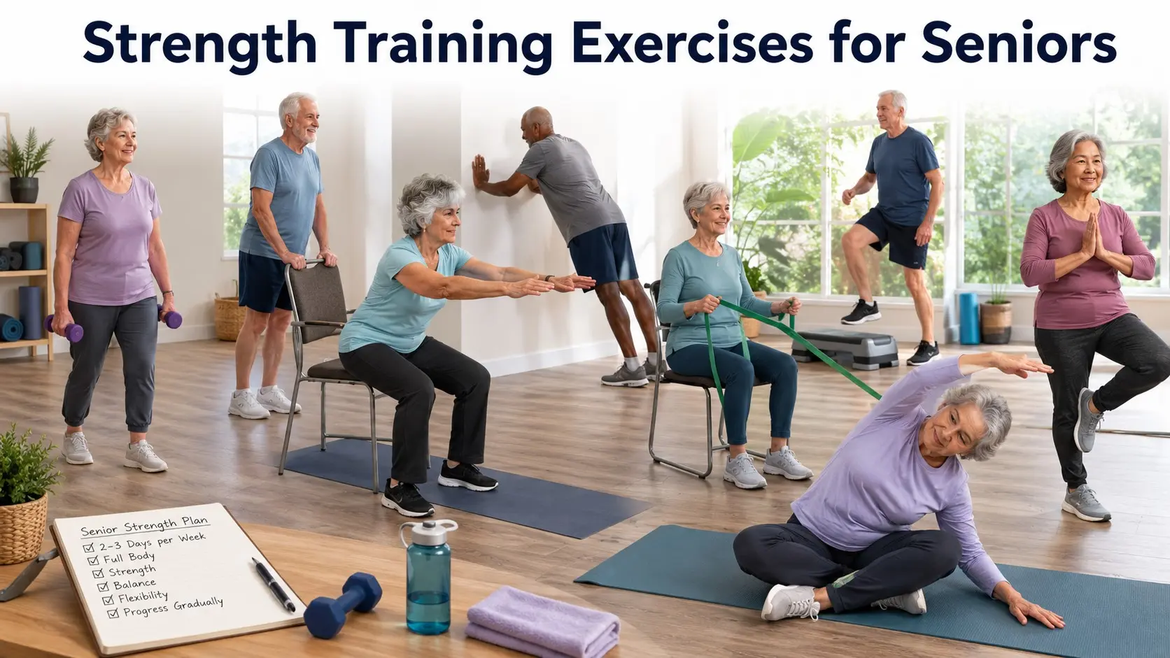 Strength Training Exercises for Seniors guide with older adults doing safe sit to stands, wall push ups, band rows, calf raises, step ups, and balance practice