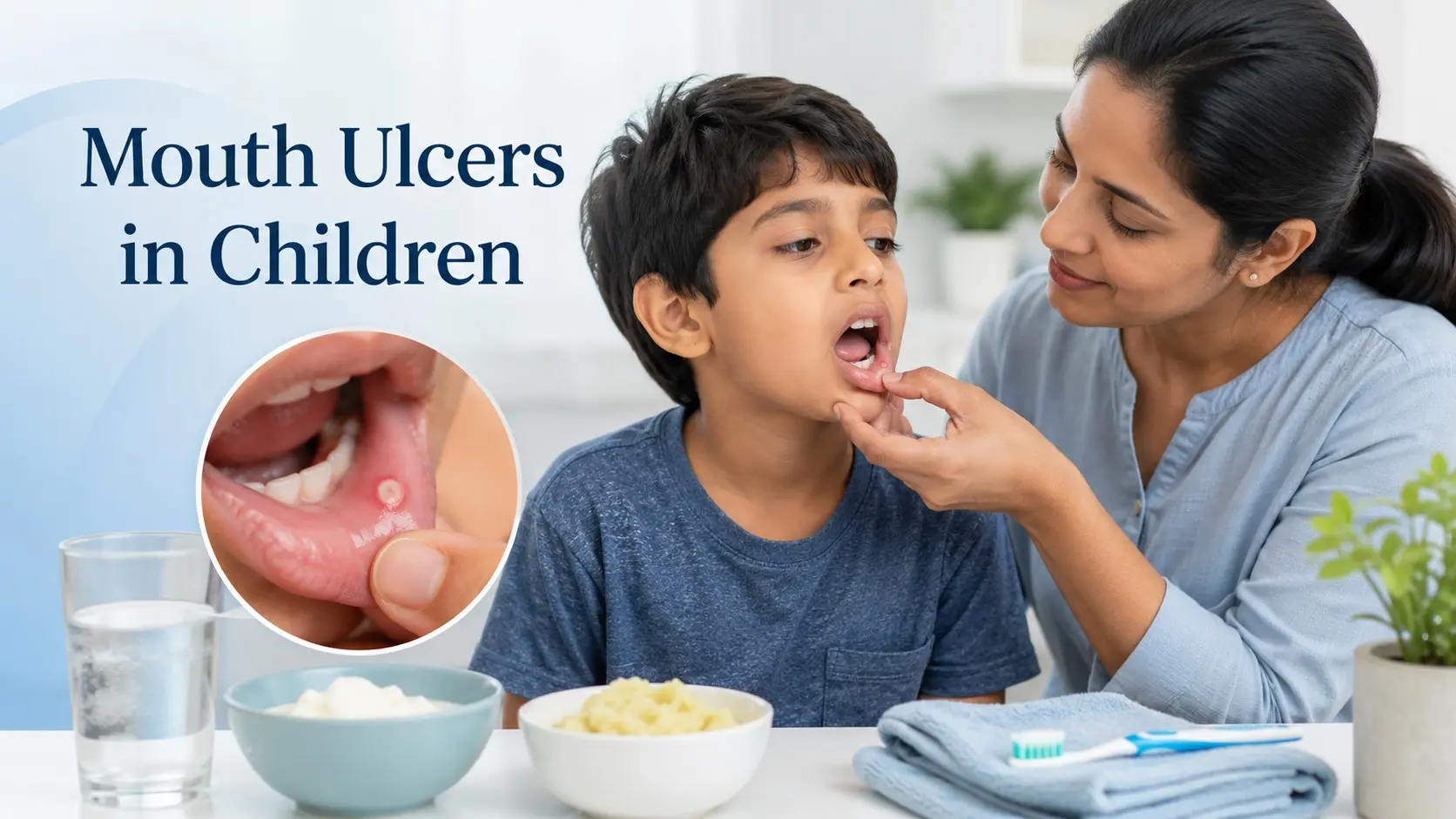 Mouth ulcers in children - Parent checking a small mouth ulcer inside a child's mouth while supporting gentle oral care and hydration