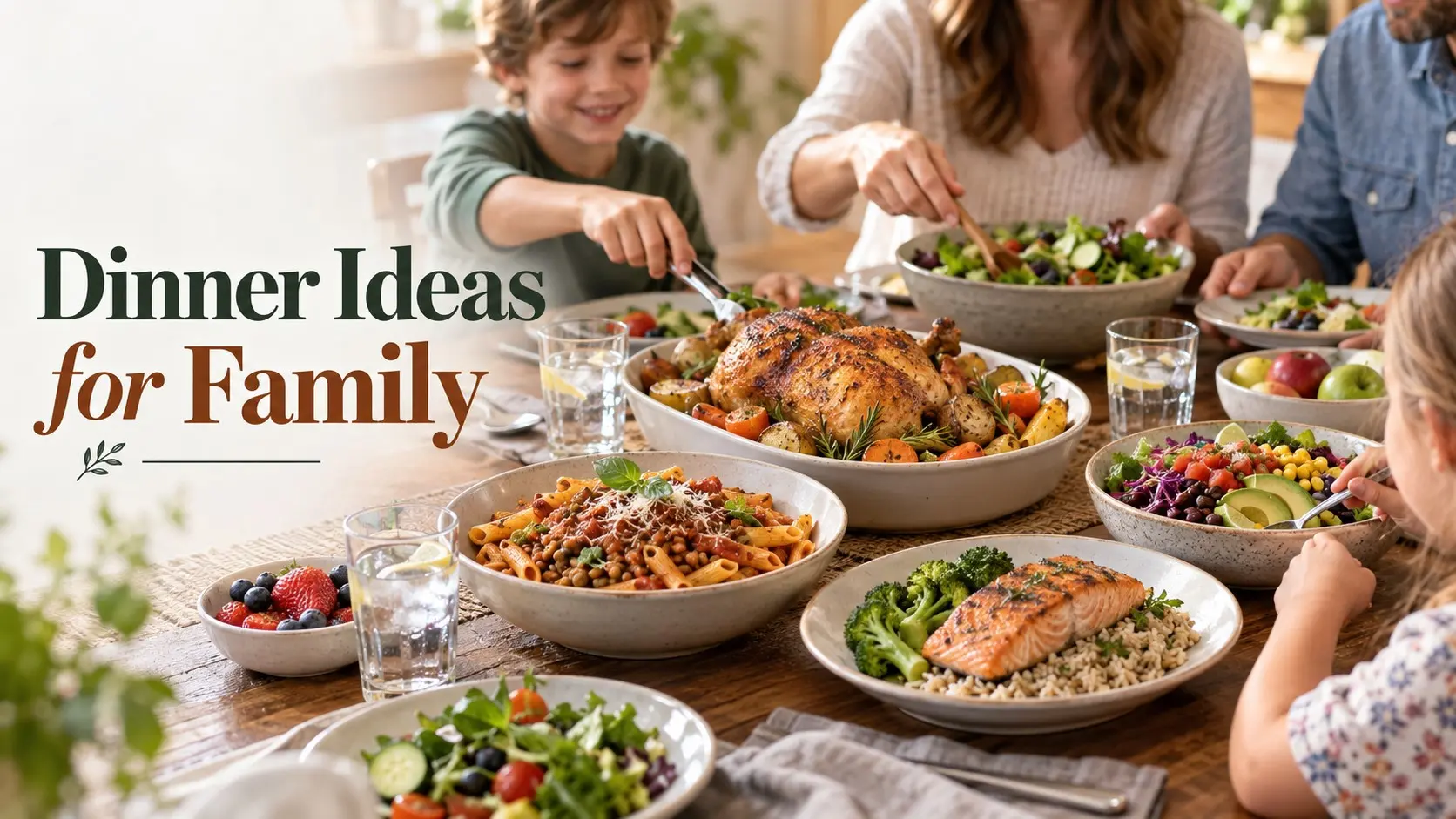 Dinner Ideas for Family with chicken, vegetables, pasta, salmon, rice, beans, salad, fruit, and other simple family meals