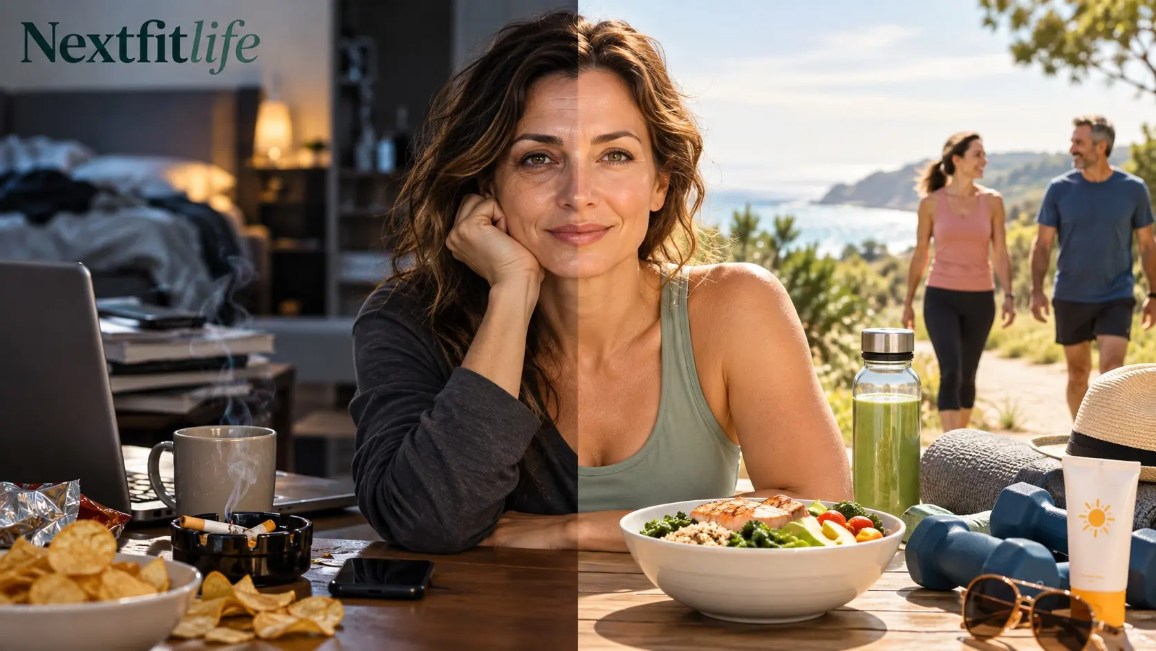 Health mistakes that may speed premature aging including smoking, poor sleep, inactivity, sun exposure, and unhealthy diet