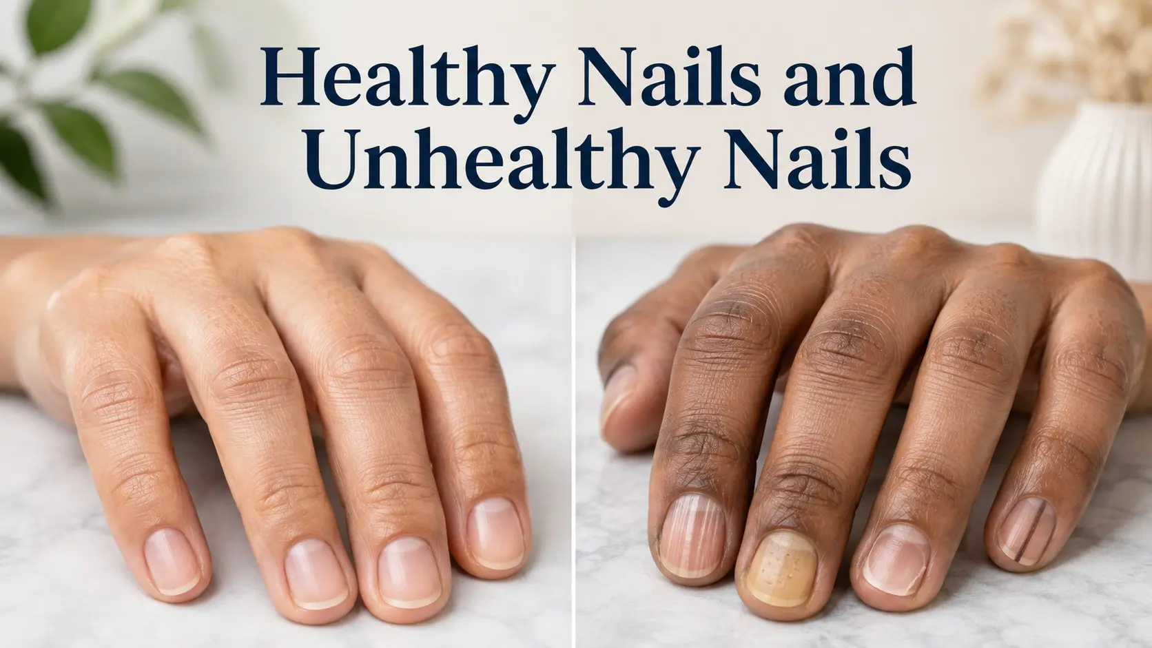 Healthy Nails and Unhealthy Nails showing normal nails beside ridges, pitting, yellow color, spoon shape, lifting, and a dark nail line