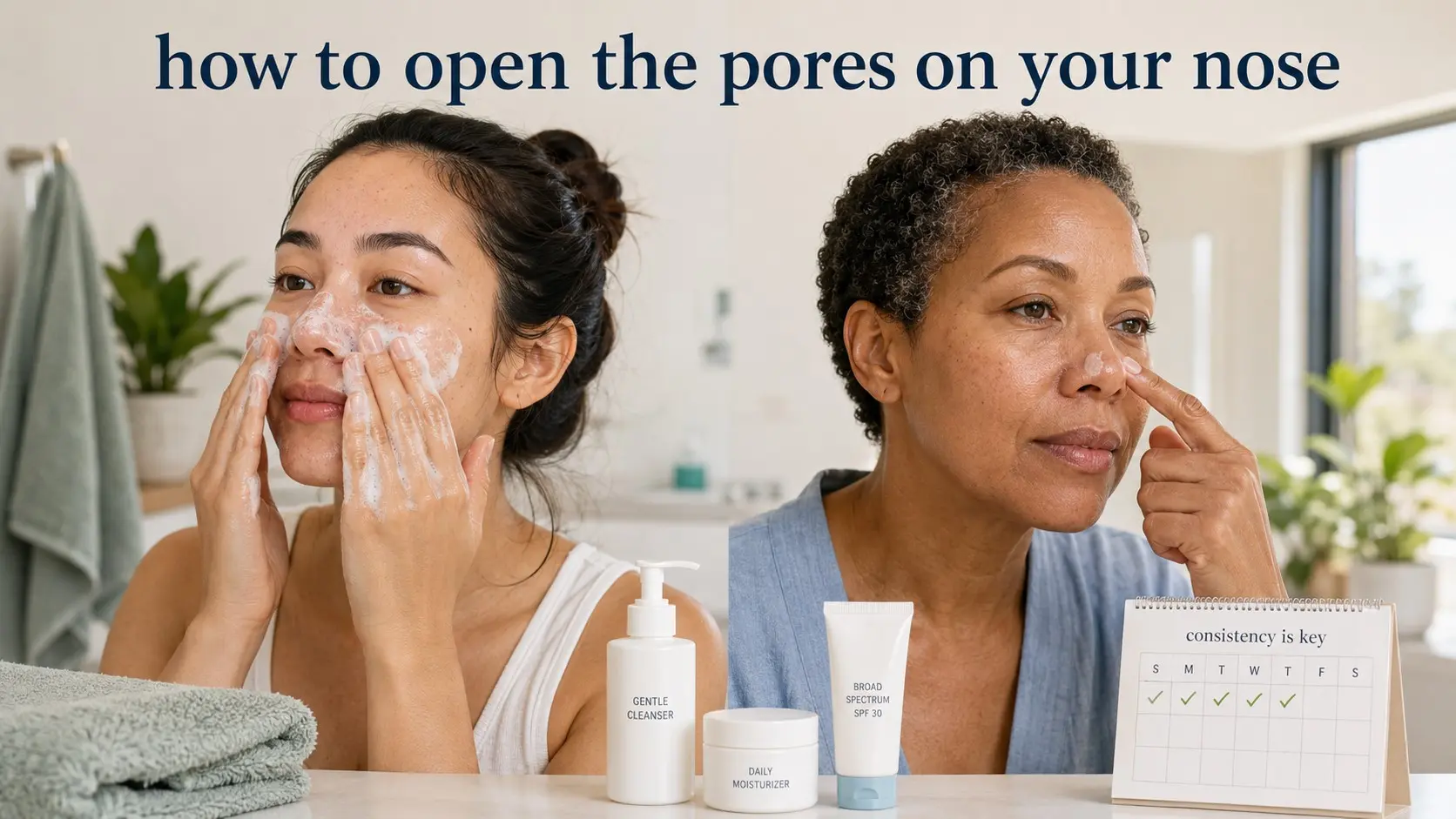 how to open the pores on your nose- Adults gently cleansing the nose and applying salicylic acid for visible pores and blackheads