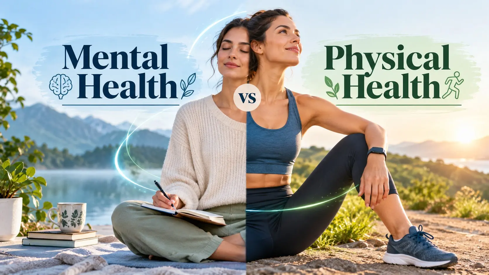 Mental health vs physical health showing the connection between emotional well being, movement, sleep, and everyday health