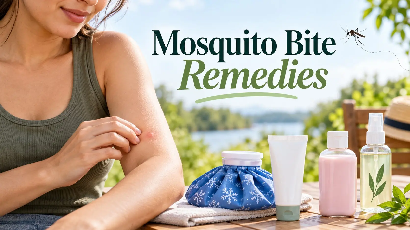 Mosquito Bite Remedies showing a cold compress, hydrocortisone cream, calamine lotion, and an itchy mosquito bite on an arm