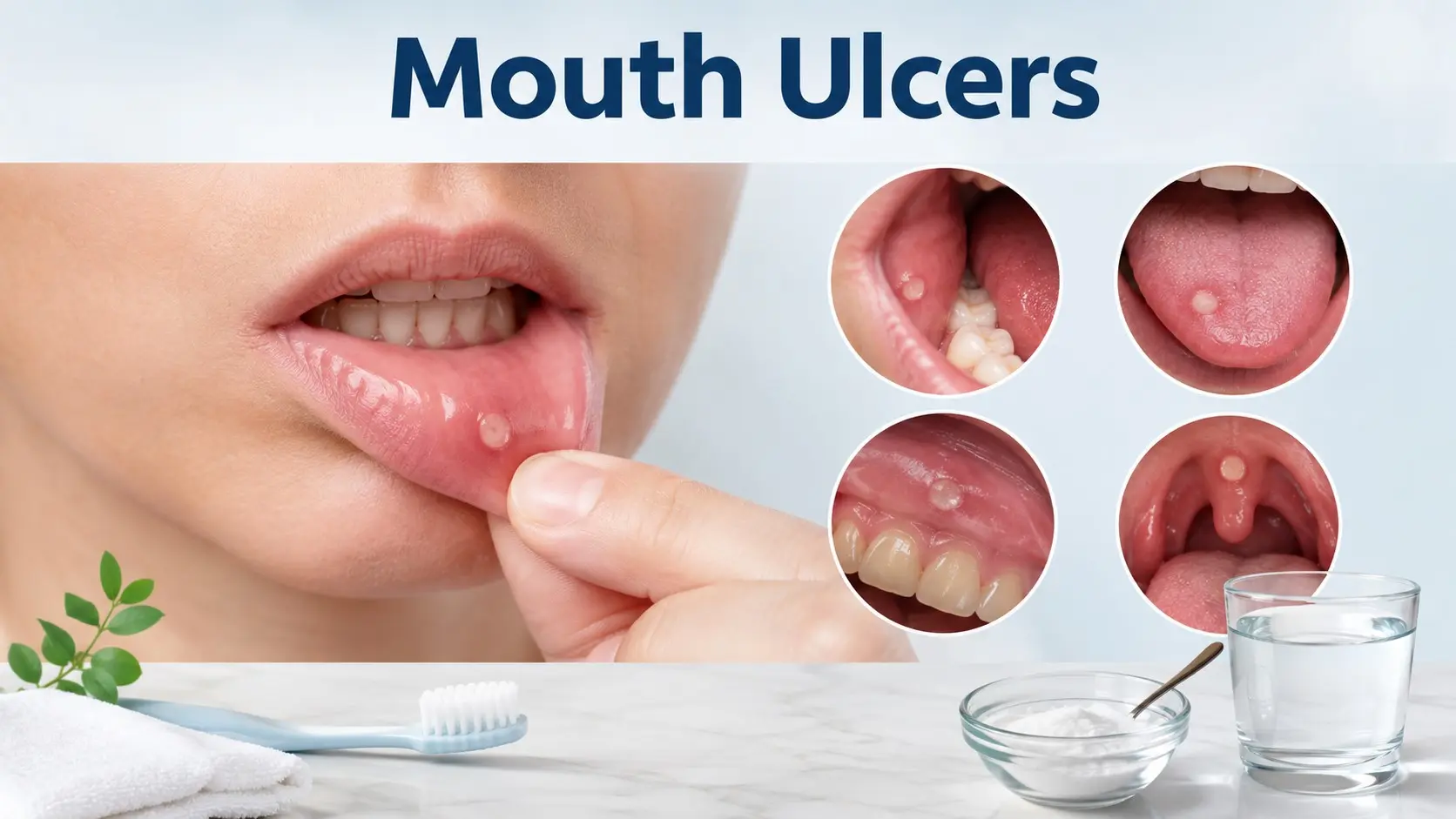 Mouth ulcers guide showing a canker sore inside the lip, common mouth sore locations, gentle care, causes, relief and warning signs