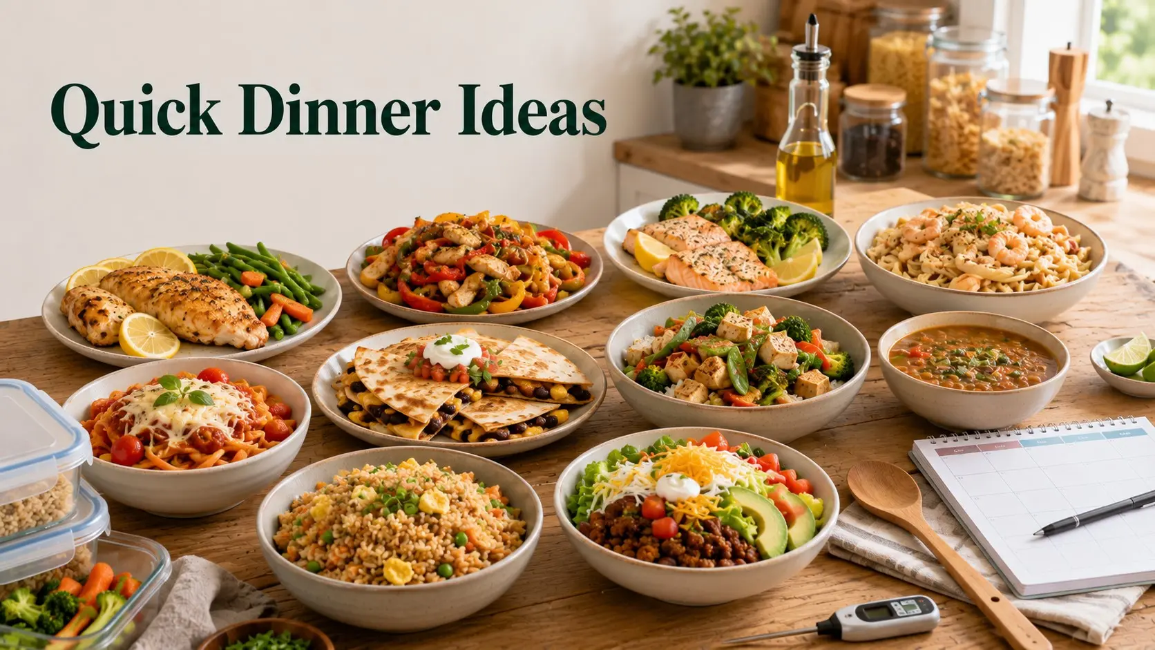 Quick Dinner Ideas with chicken fajitas, salmon, vegetable pasta, bean quesadillas, tofu stir cook, soup, rice bowls, and fresh salad.