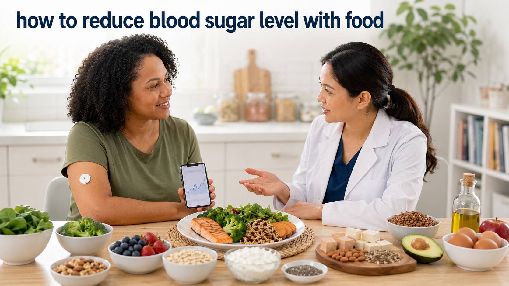 how to reduce blood sugar level with food- Adult reviewing 18 diabetes-friendly foods, balanced portions, and glucose monitoring with a nutrition professional.