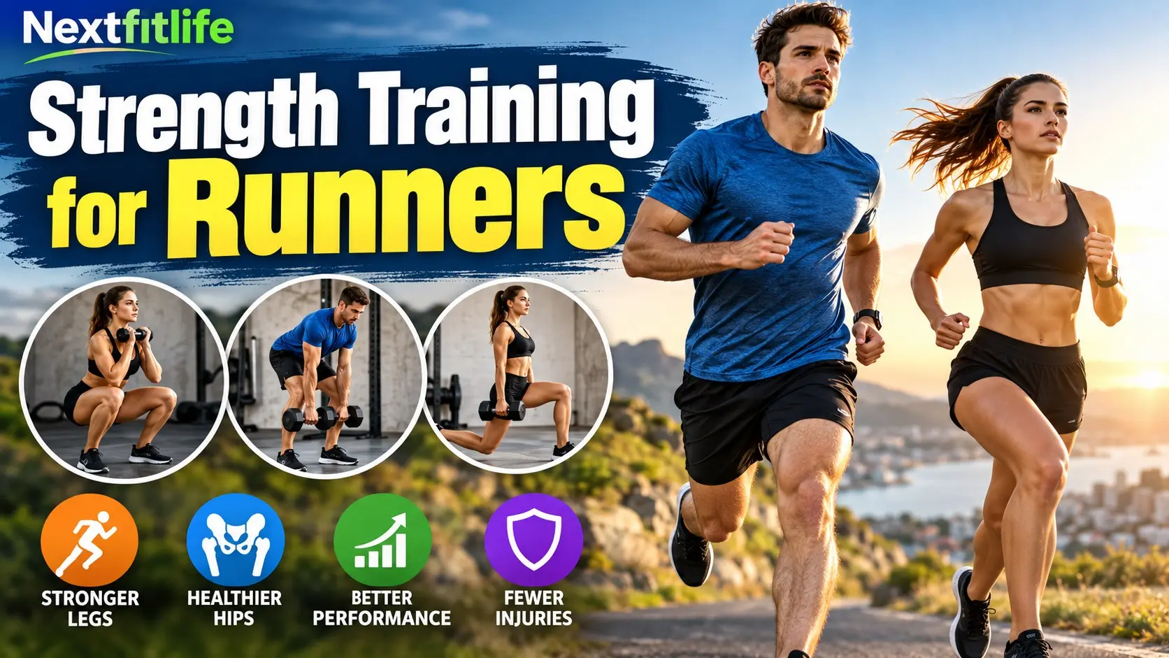 Strength training for runners with squats, Romanian deadlifts, calf raises, split squats, and running strength exercises