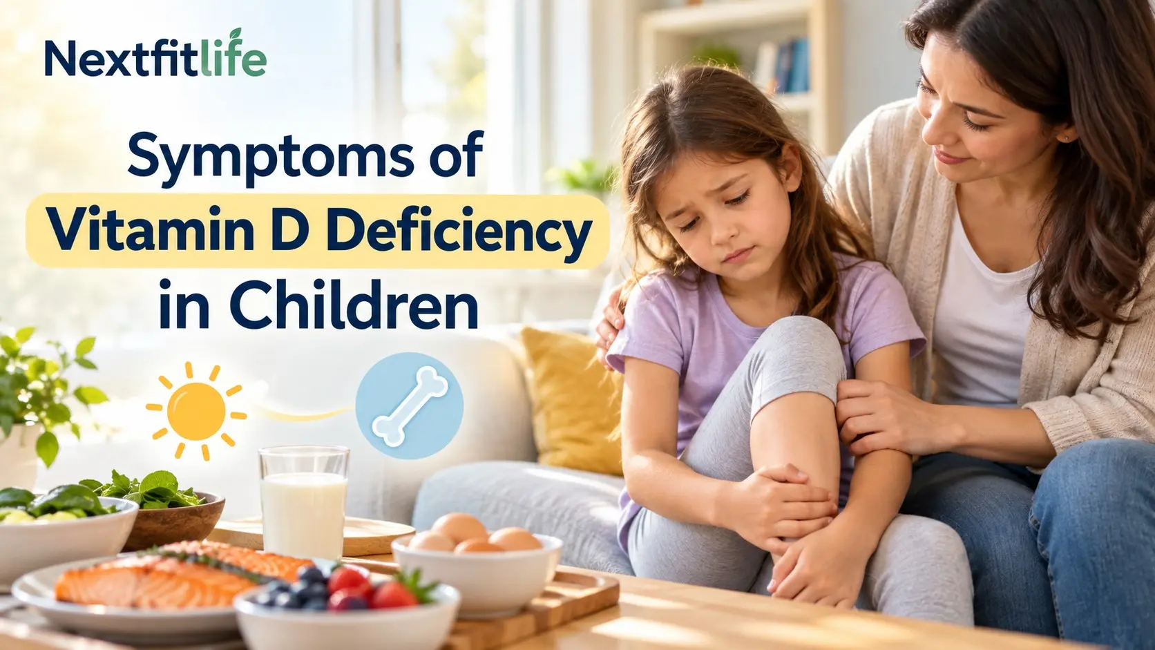 Symptoms of vitamin D deficiency in children including bone pain, muscle weakness, growth changes, and rickets signs