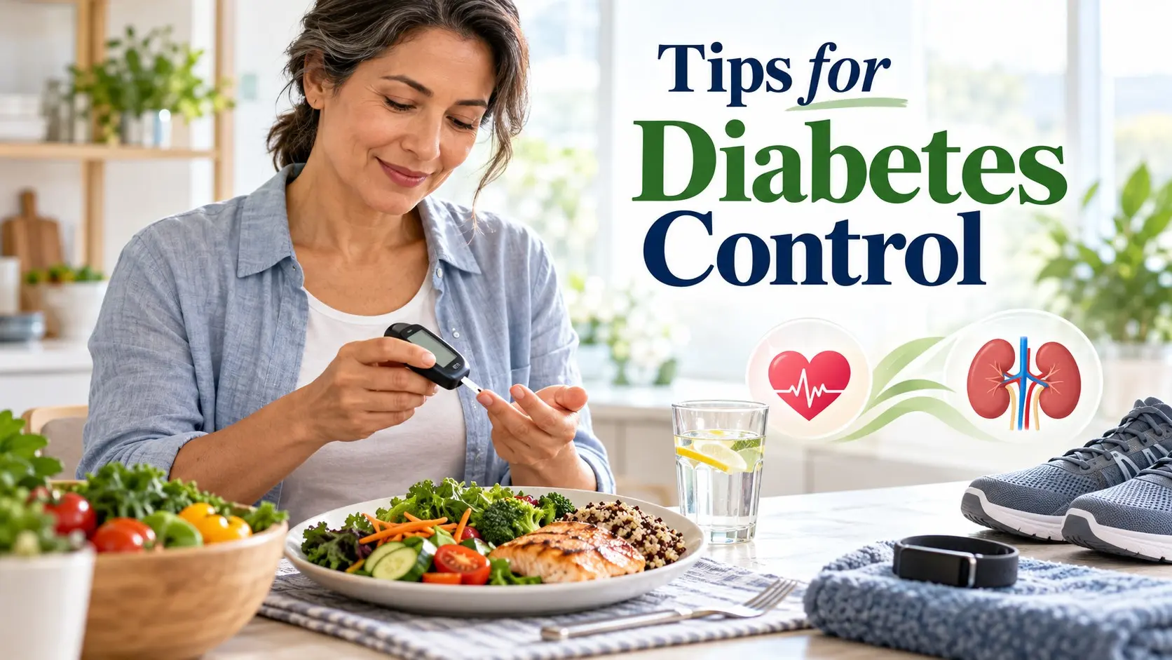 Tips for Diabetes Control showing glucose monitoring, a balanced plate, walking shoes, diabetes medication, water, and heart and kidney care