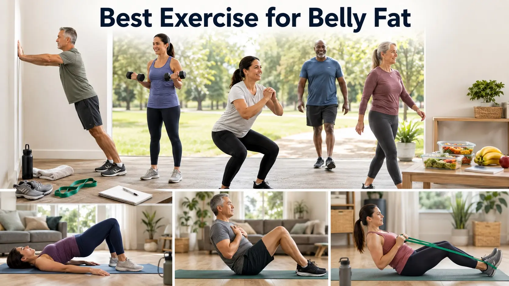Best Exercise for Belly Fat guide with adults walking, strength training, stretching, and doing safe core exercises